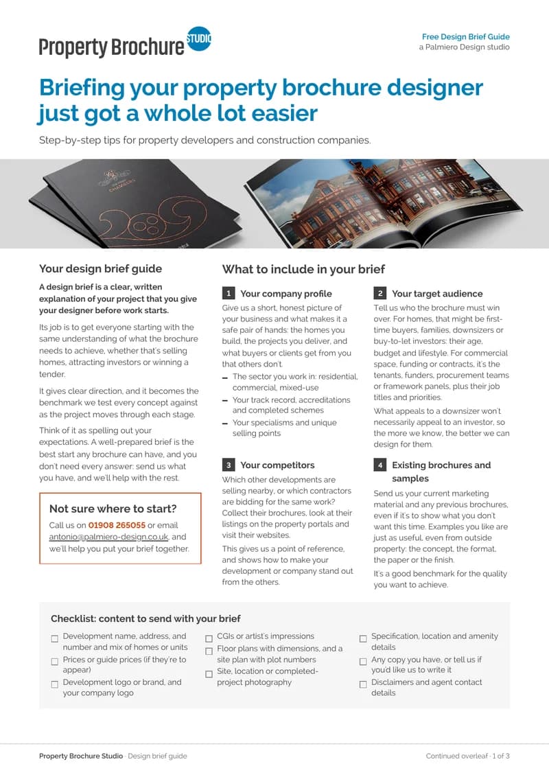 Front cover of the free Design Brief Guide for property brochures