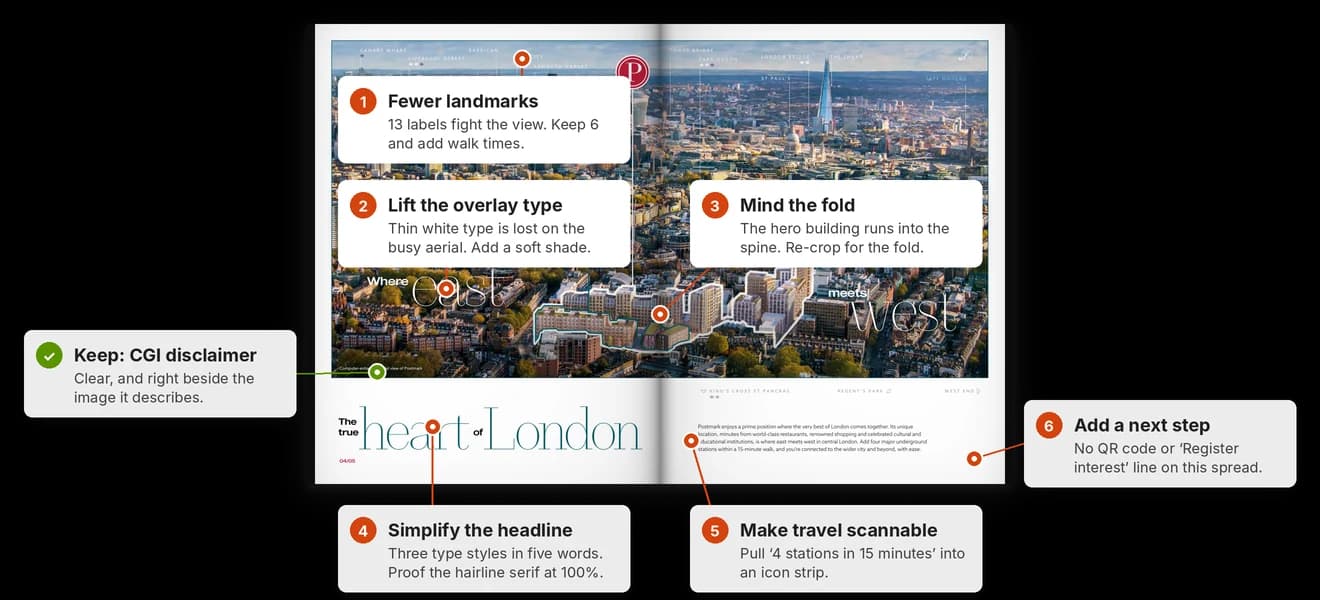 Annotated property brochure spread showing design review notes