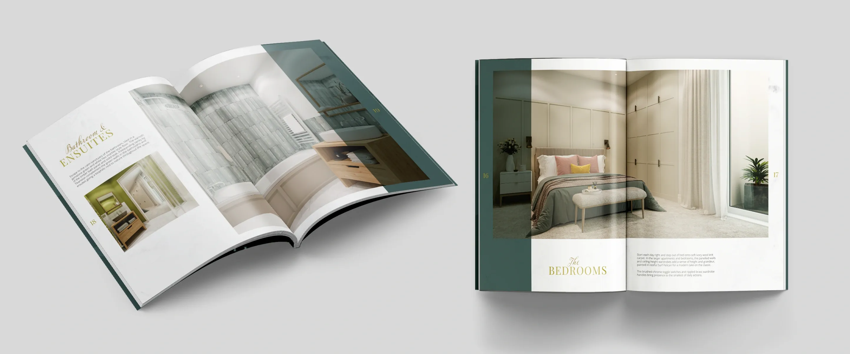 Two open spreads of the 8 Alderbrook brochure: Bathroom & Ensuites, and The Bedrooms
