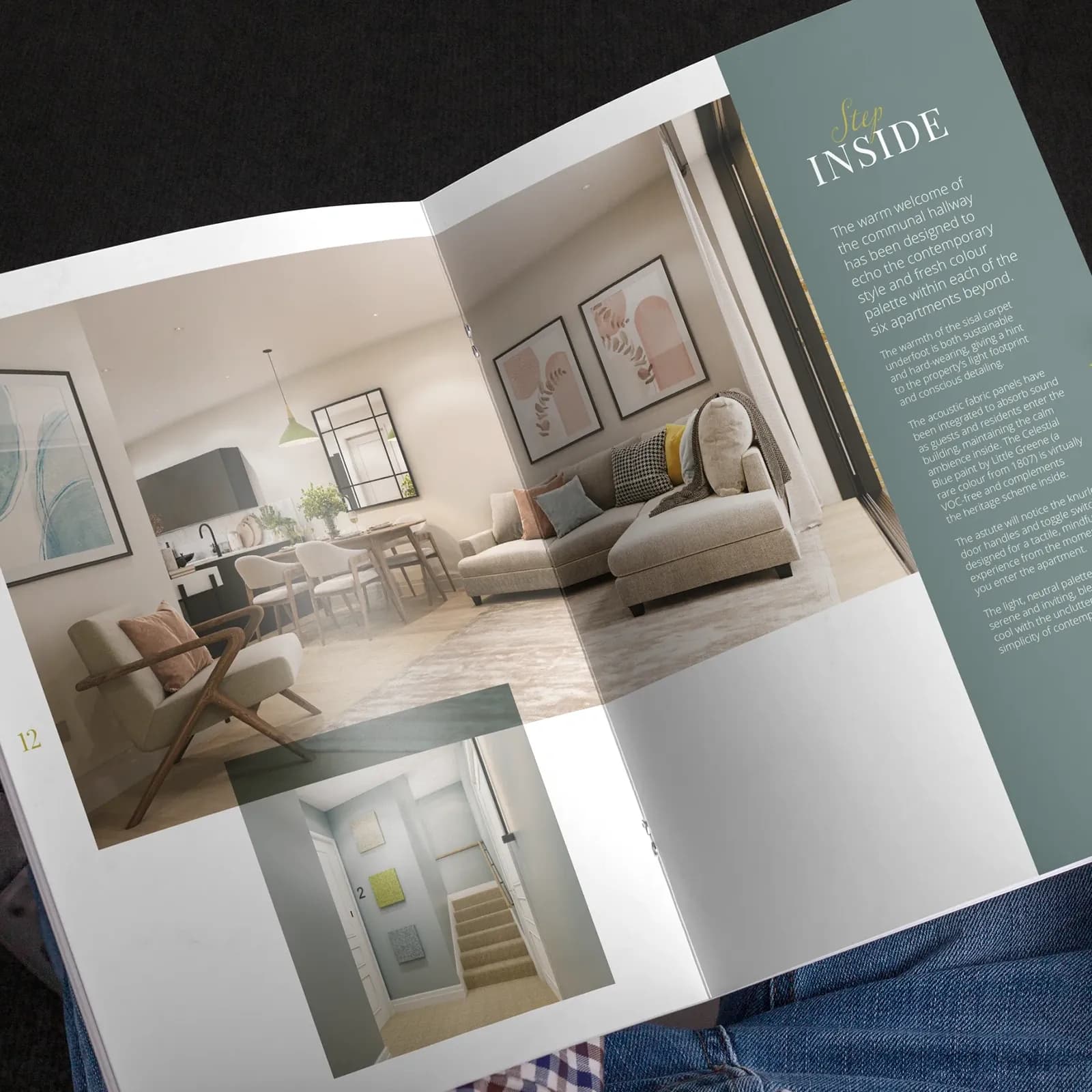 8 Alderbrook brochure open at the Step Inside spread, with a CGI of an open-plan living room