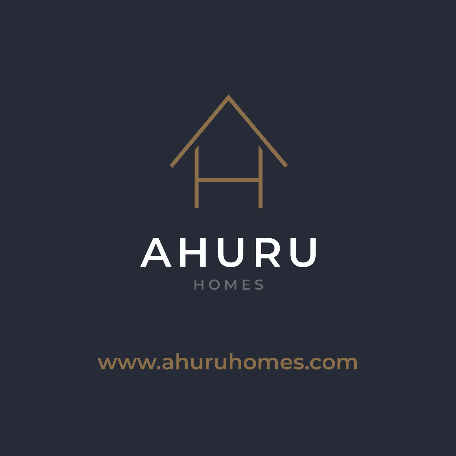 Ahuru Homes back cover in navy with the gold house logo and website address