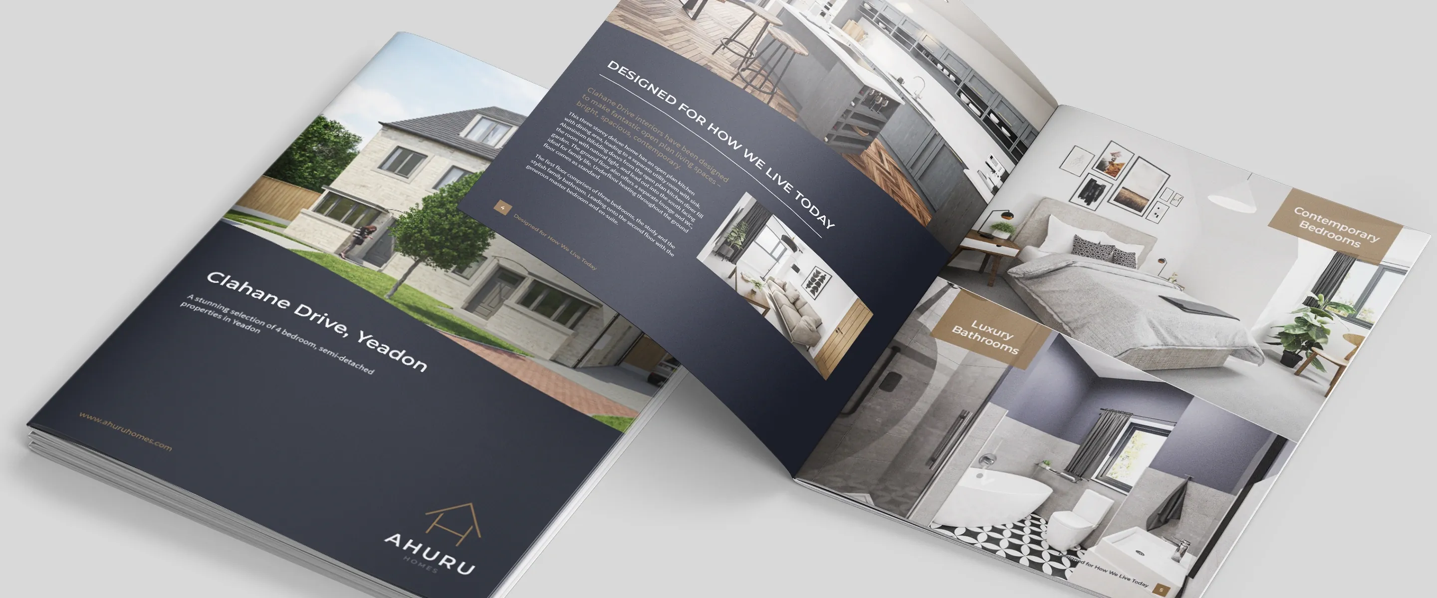 Clahane Drive, Yeadon brochure with its navy cover and house CGI beside a copy open at the Designed for How We Live Today interiors spread