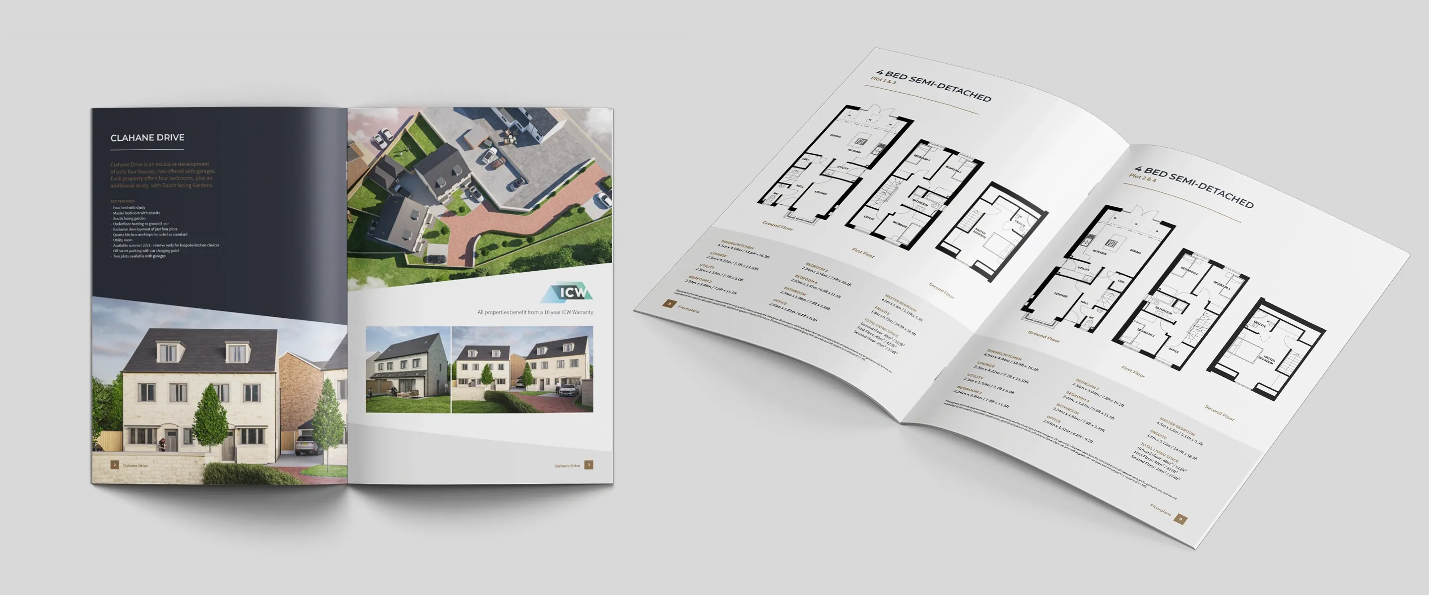 Two Clahane Drive brochures open at the development spread with aerial and street CGIs, and at the house floor plans