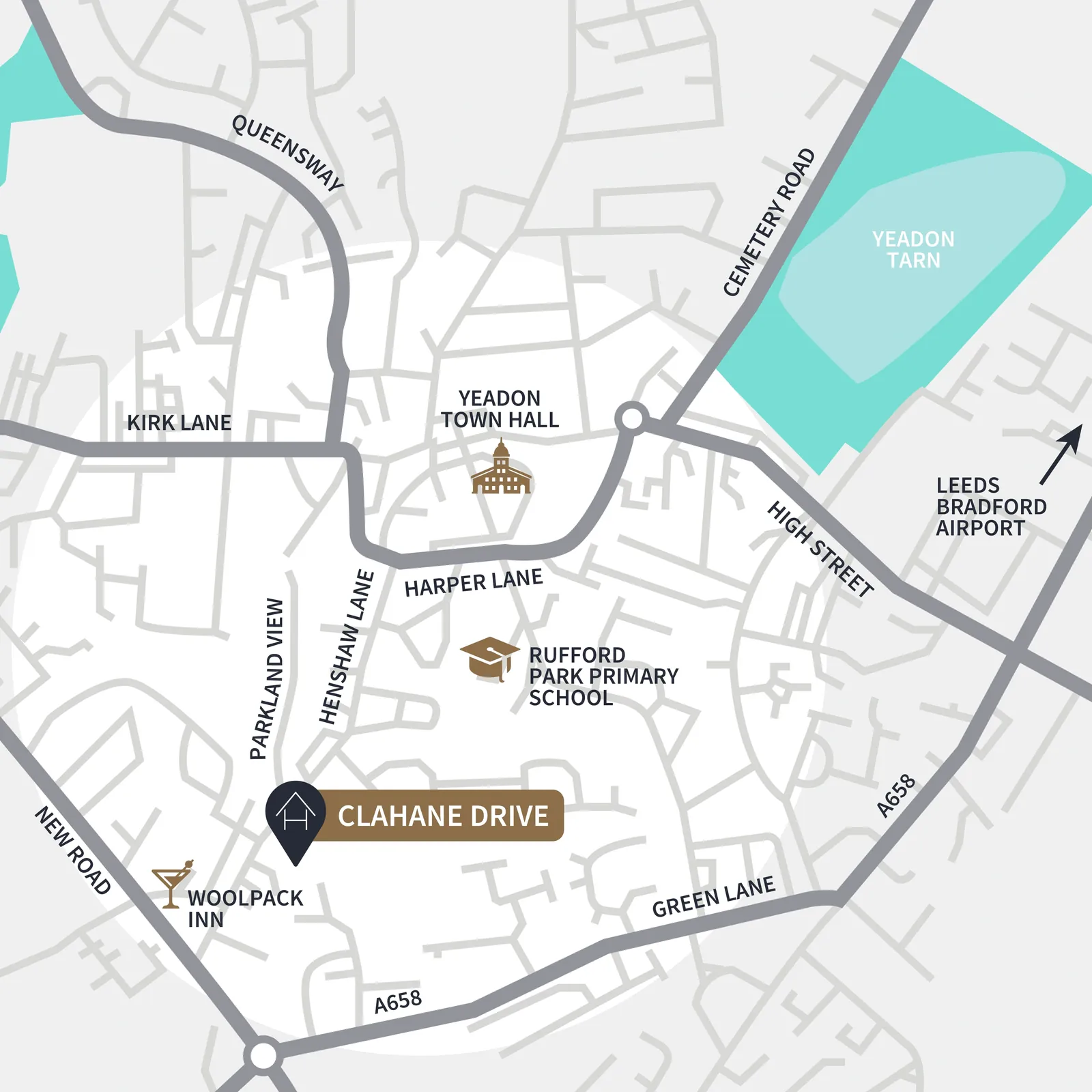 Clahane Drive location map in Yeadon, showing the town hall, primary school and the route to Leeds Bradford Airport