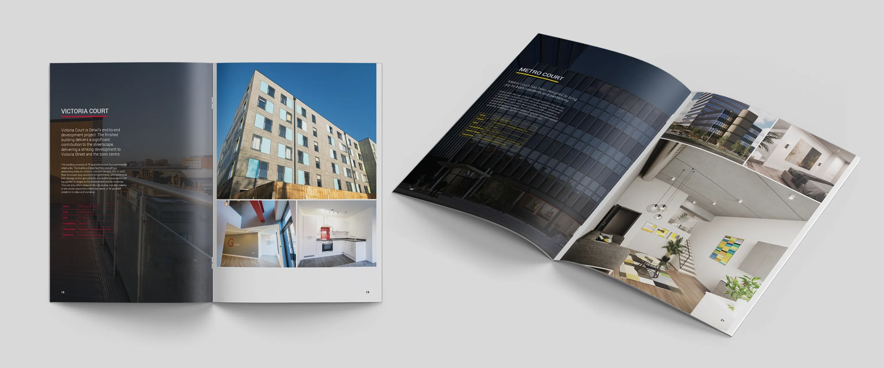 Two Detail DMC brochures open at project spreads: Victoria Court, with photos of the brick apartment block and its interiors, and Metro Court, with CGI interiors of an open-plan apartment