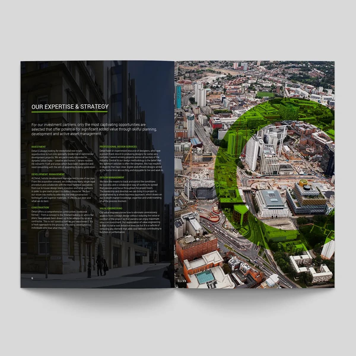 Detail DMC brochure open at the Our Expertise & Strategy spread, with an aerial photo of Birmingham city centre circled in green