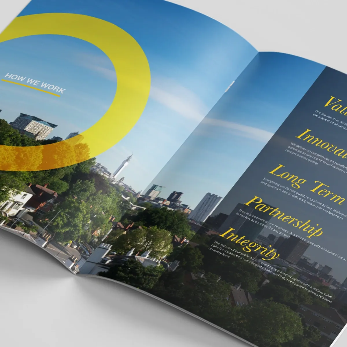 Detail DMC brochure open at the How We Work spread, with a yellow circle over the Birmingham skyline and the values Innovation, Long Term, Partnership and Integrity