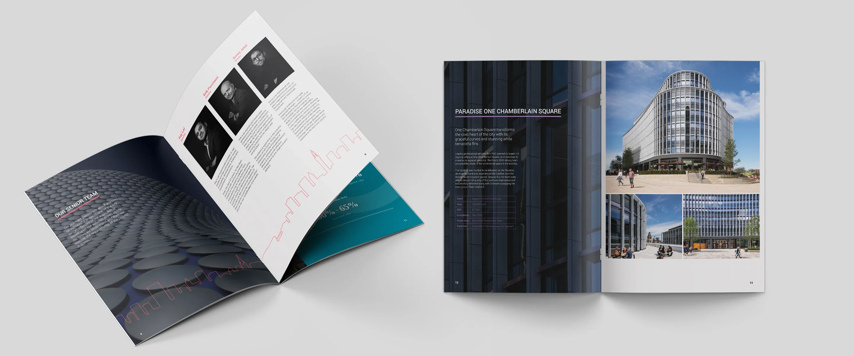 Two Detail DMC brochures: one open at the team pages with portrait photos, the other at the Paradise One Chamberlain Square project spread