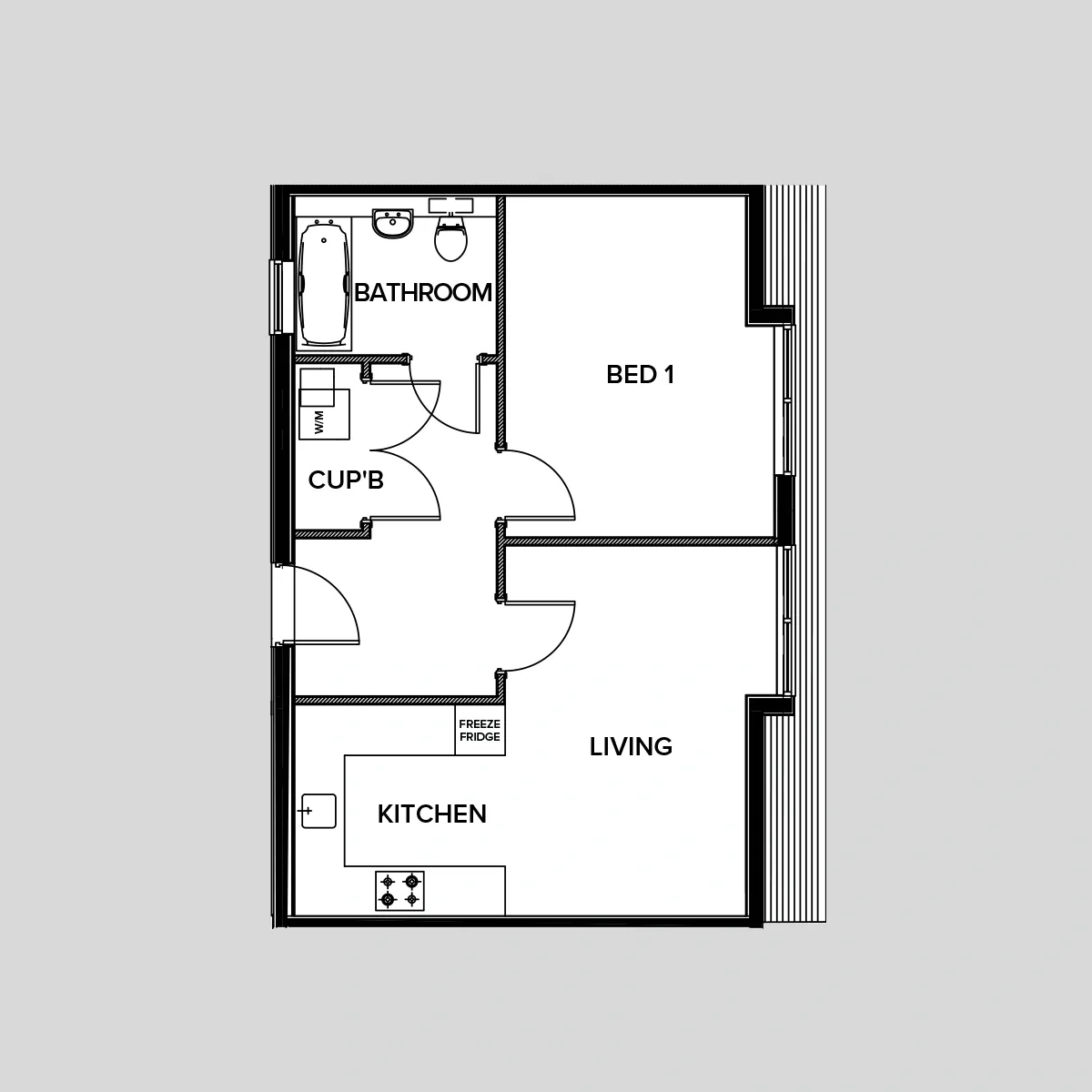 One-bedroom apartment floor plan from the 378 Ewell Road brochure