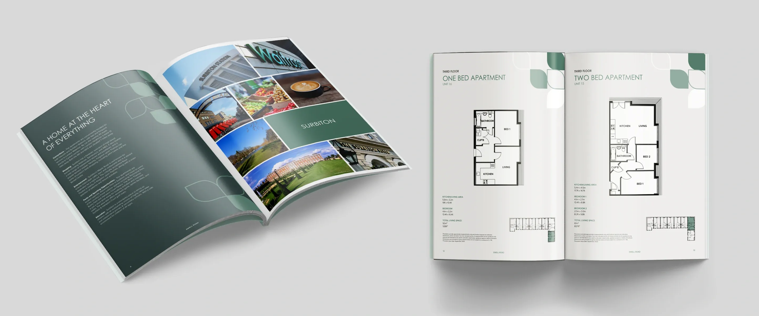 Two 378 Ewell Road brochures open at a local area photo spread and at the one and two bed apartment floor plans