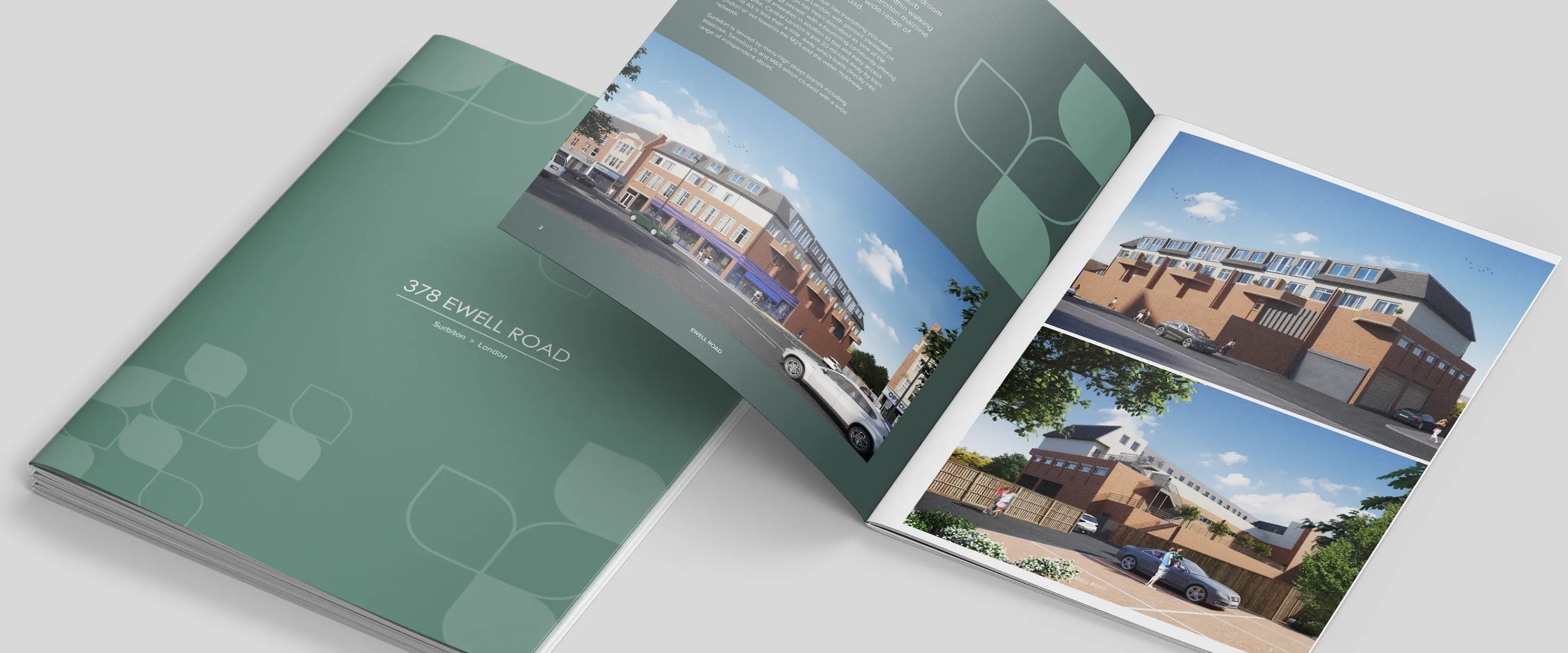 378 Ewell Road brochure with its green leaf-pattern cover beside a copy open at CGIs of the apartment building