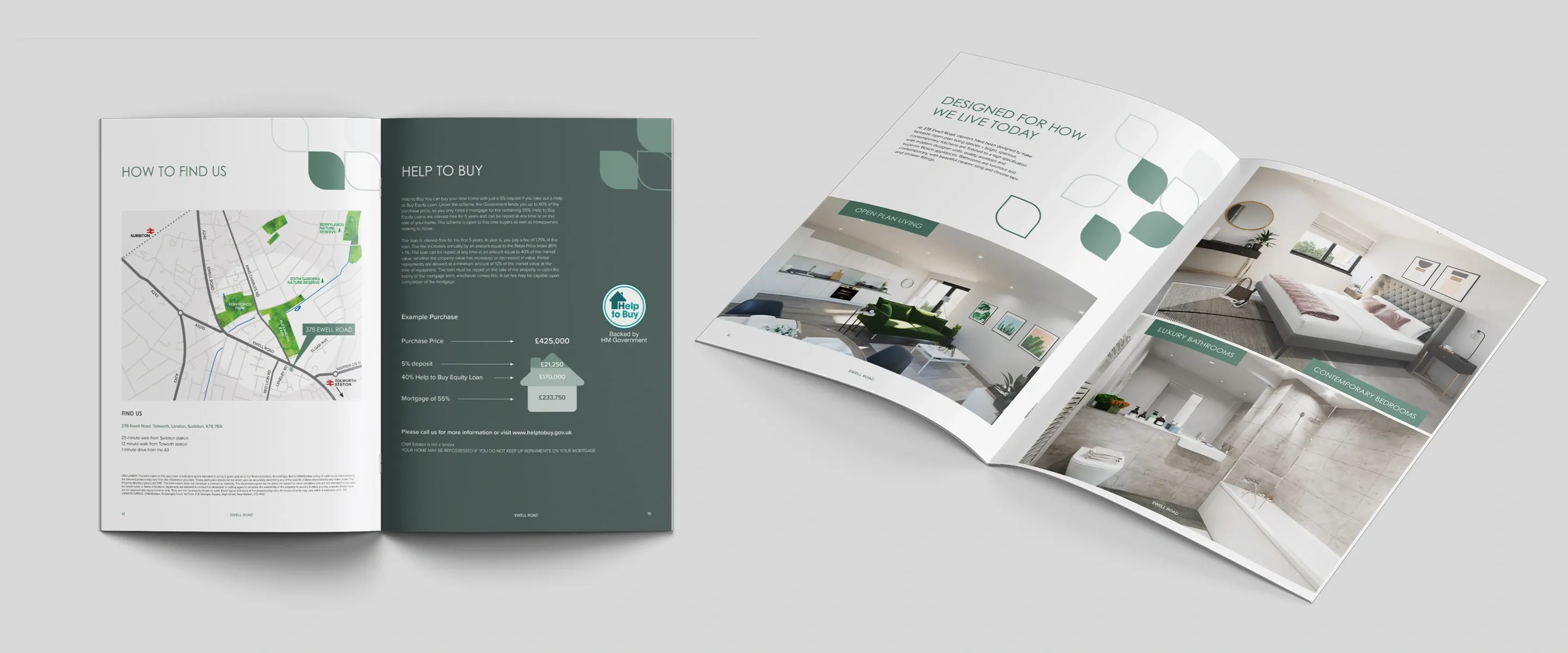 Two 378 Ewell Road brochures open at the How to Find Us and Help to Buy spread, and at a spread of CGI interiors