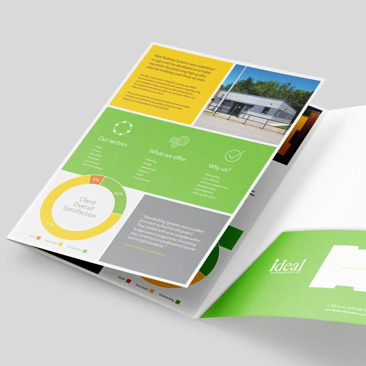 Ideal Building Systems folder open at the sectors, services and client satisfaction page, with the green inside pocket
