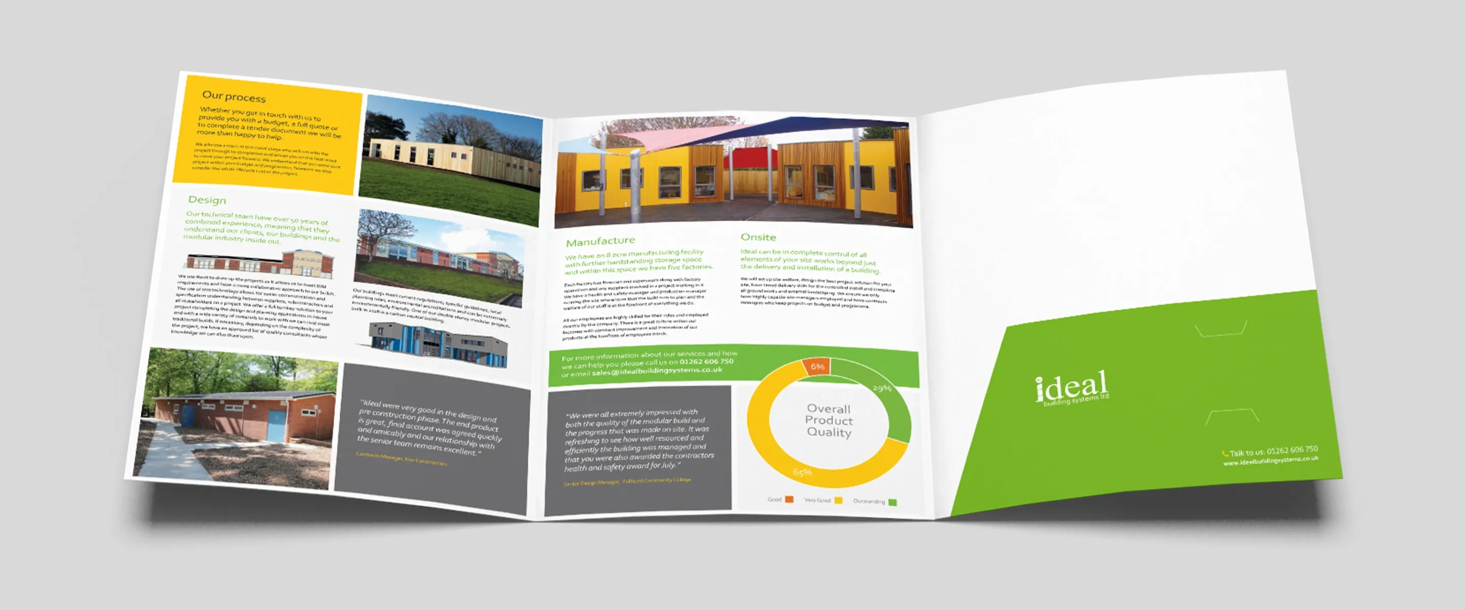 Ideal Building Systems brochure opened out flat to show the Manufacture, Design and case study pages beside the green back cover