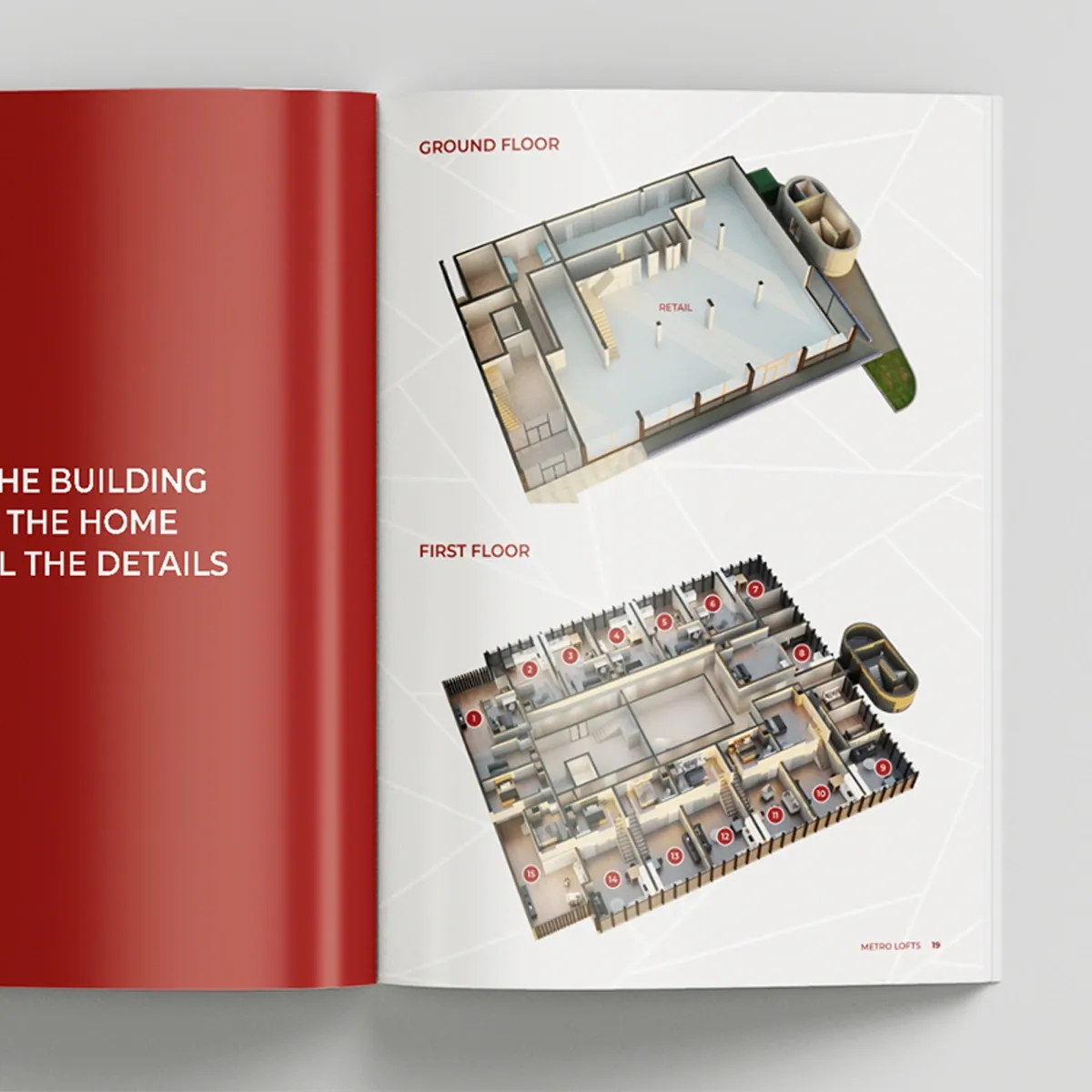Metro Lofts brochure open at the 3D cutaway ground and first floor plans