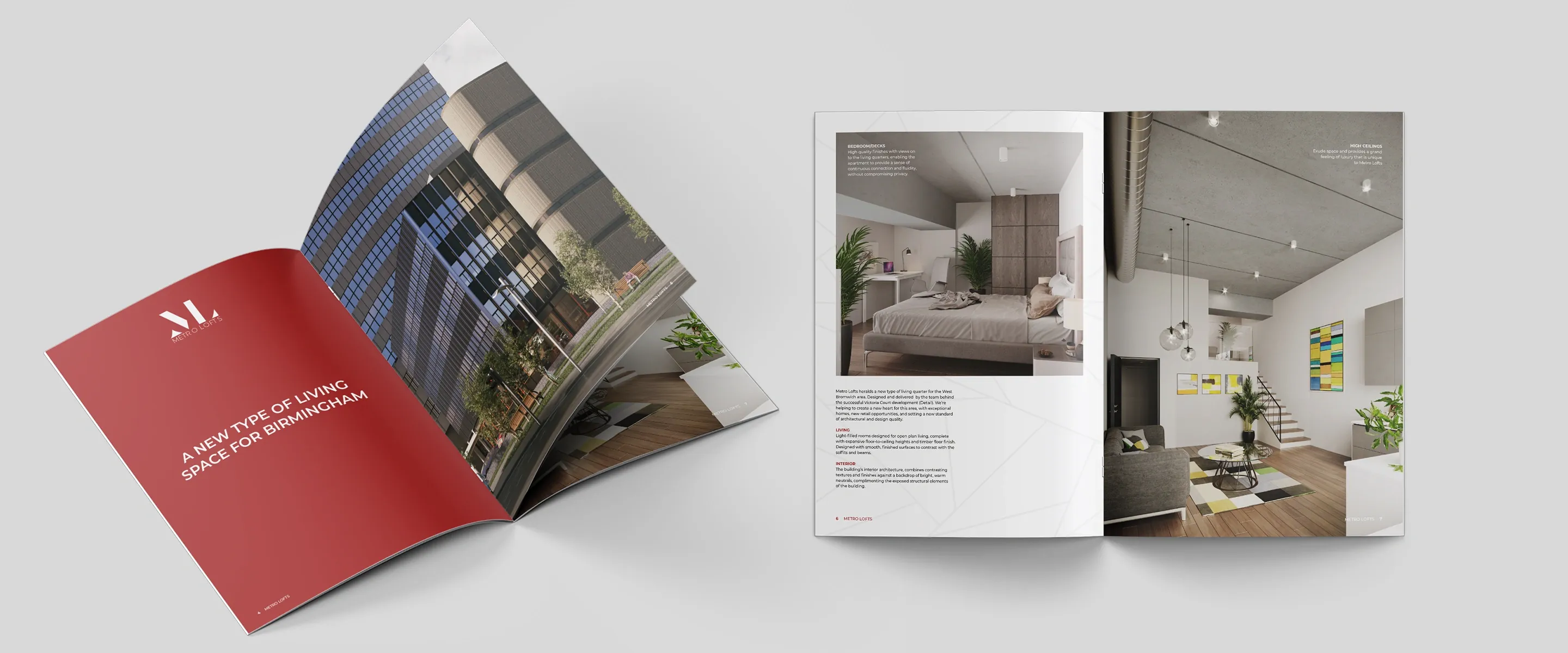 Two Metro Lofts brochures: the red A New Type of Living spread, and a spread of CGI loft interiors