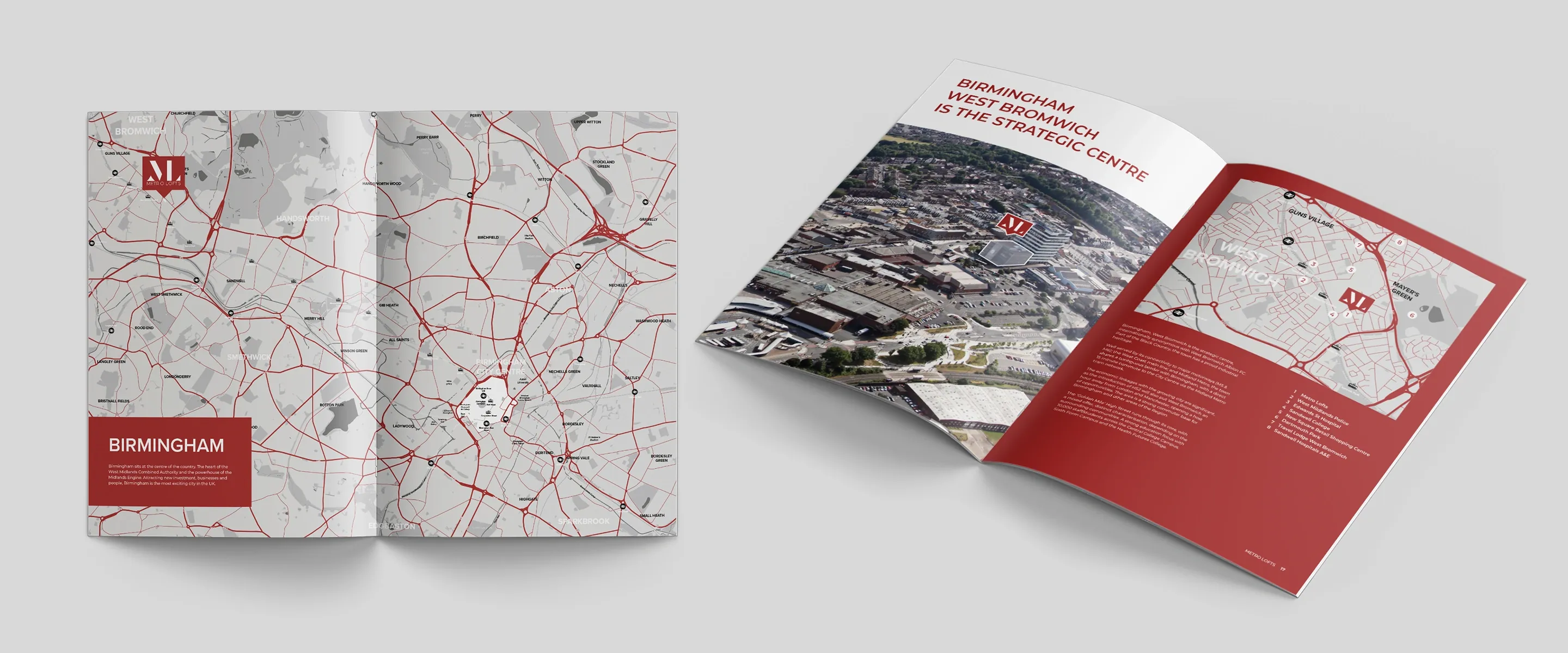 Two Metro Lofts brochures open at the Birmingham location map and the West Bromwich aerial view spreads