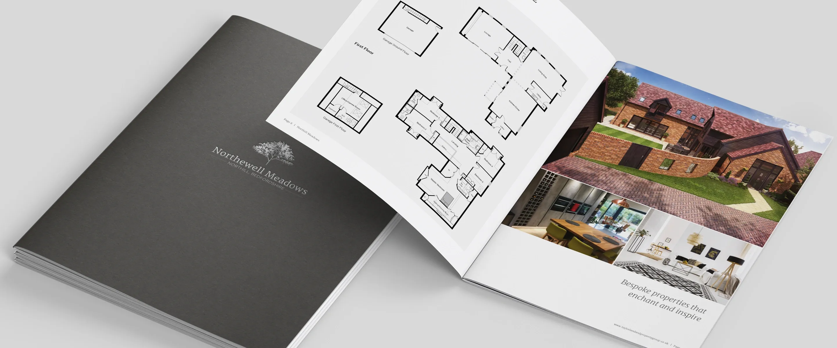 Northewell Meadows sales brochure with a charcoal cover and silver tree logo, beside a copy open at a plot spread