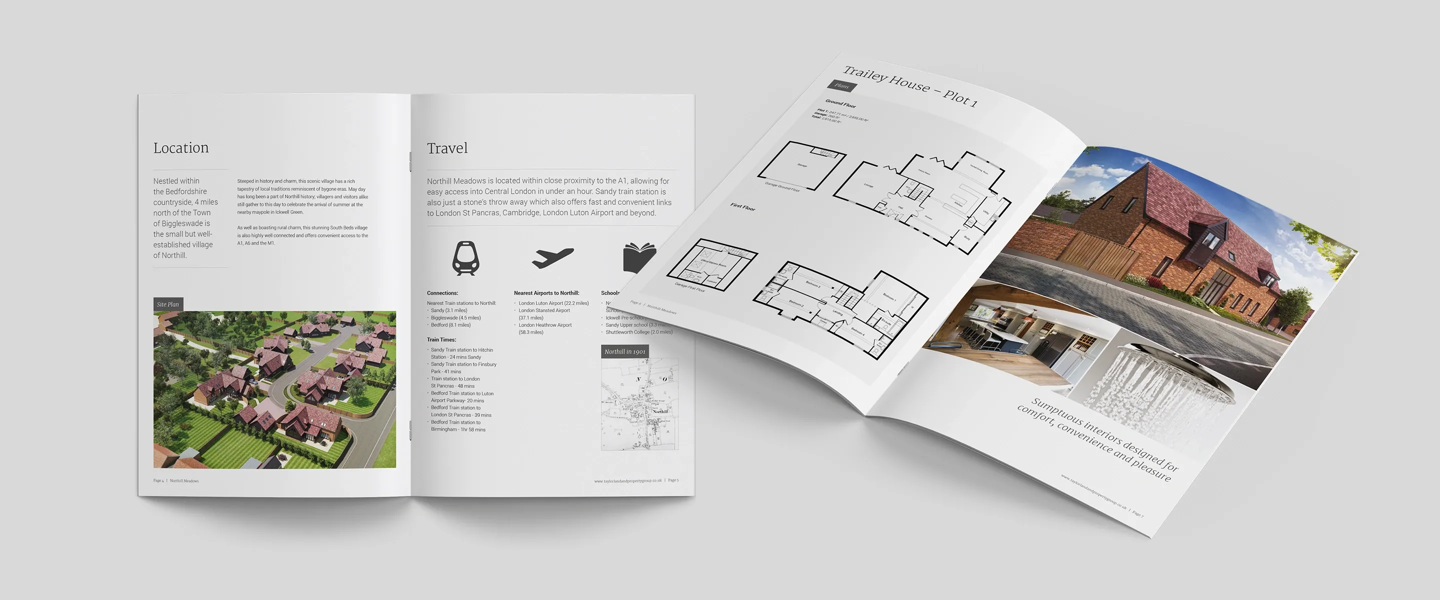 Two Northewell Meadows brochures open at the Location and Travel spread and the Trailey House plot 1 floor plans