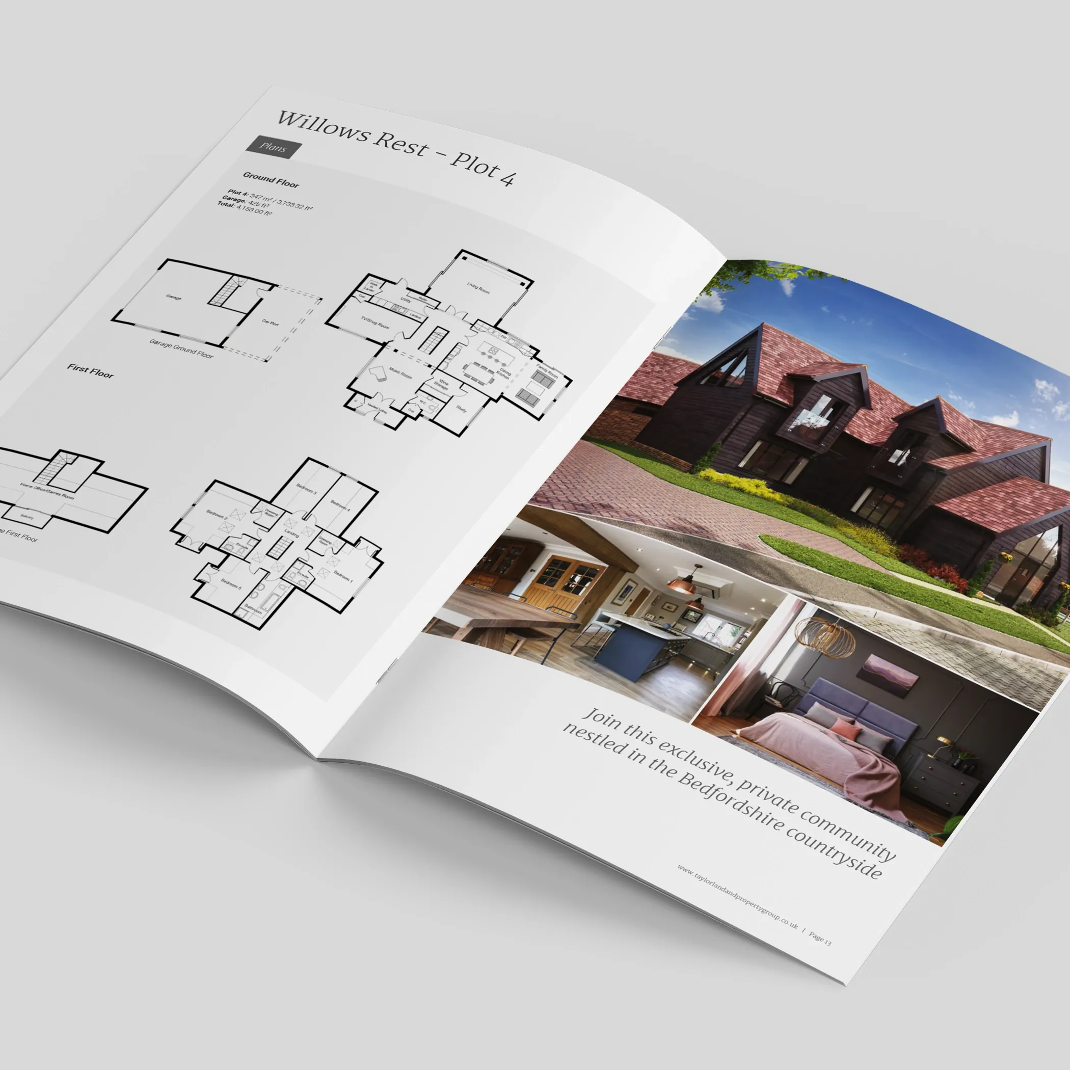 Northewell Meadows brochure open at the Willows Rest plot 4 spread, with floor plans opposite an exterior CGI and interior photos