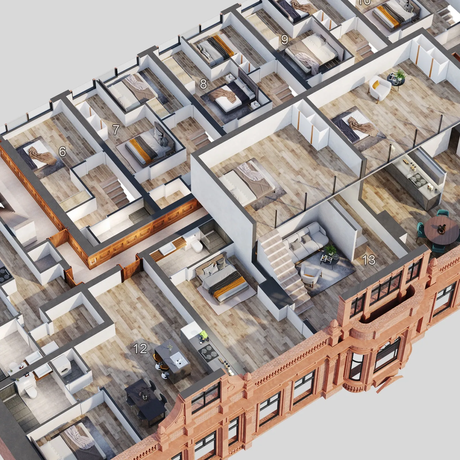 3D cutaway floor plan of The Print Chambers showing numbered apartments inside the listed terracotta facade