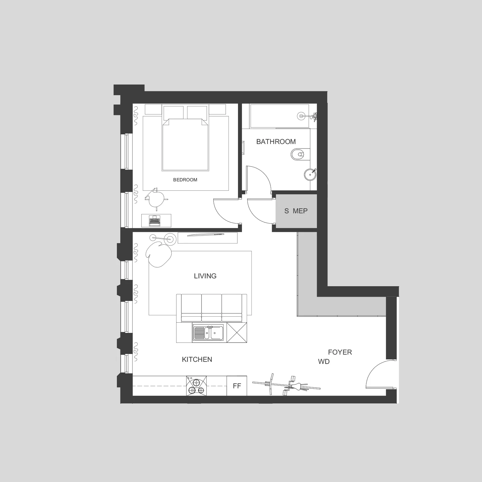 Floor plan of a one-bedroom apartment at The Print Chambers with bedroom, bathroom, living area and kitchen
