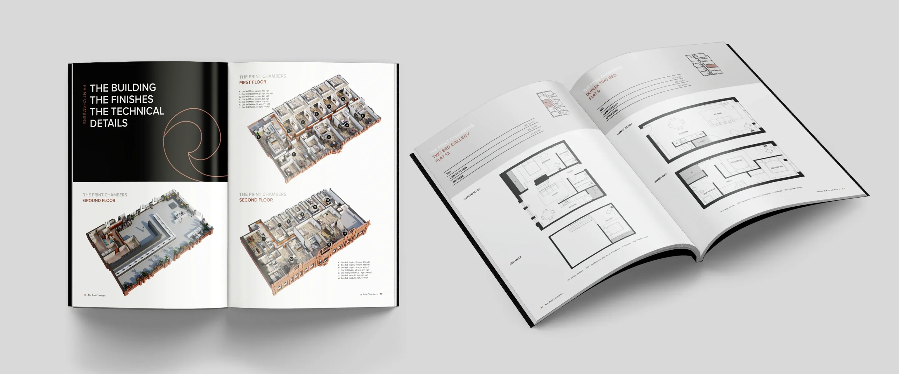Two open spreads of The Print Chambers brochure: 3D cutaway floor plans of each floor, and apartment floor plans for a two-bed gallery and duplex
