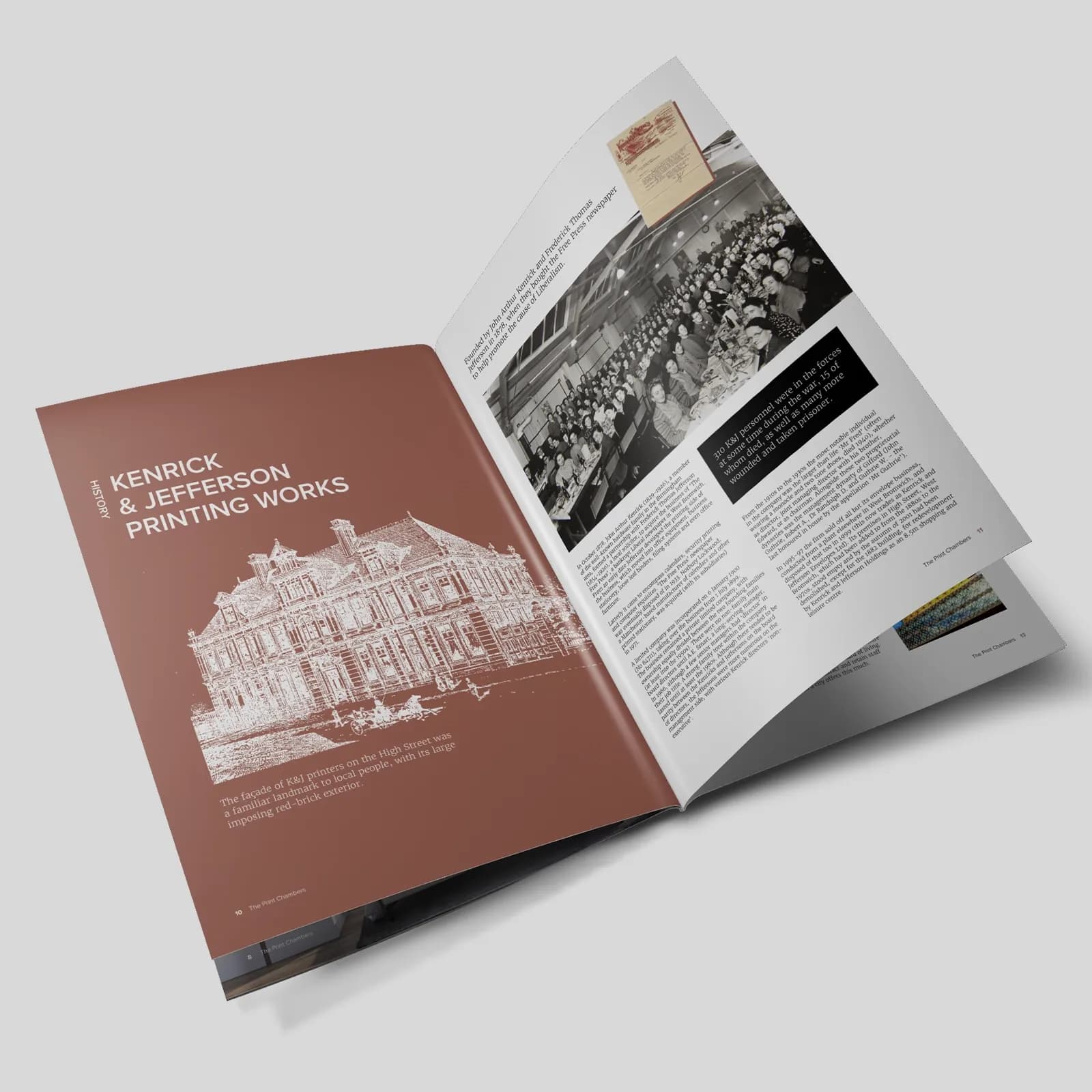 The Print Chambers brochure open on the Kenrick & Jefferson Printing Works history spread