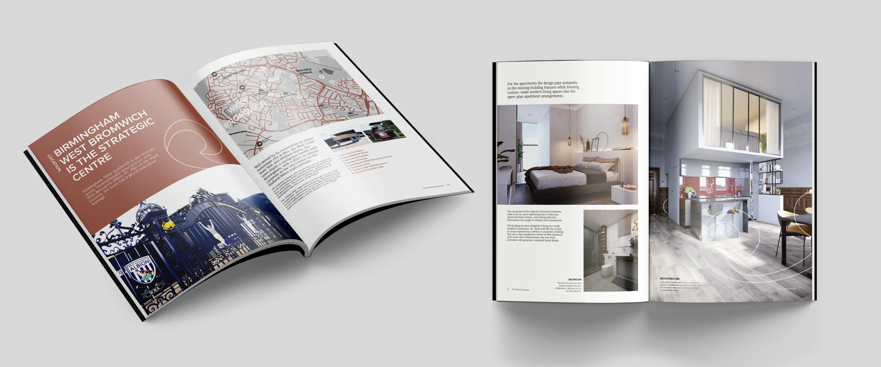 Two open spreads of The Print Chambers brochure: the West Bromwich location map, and CGI interiors of a bedroom and a gallery apartment