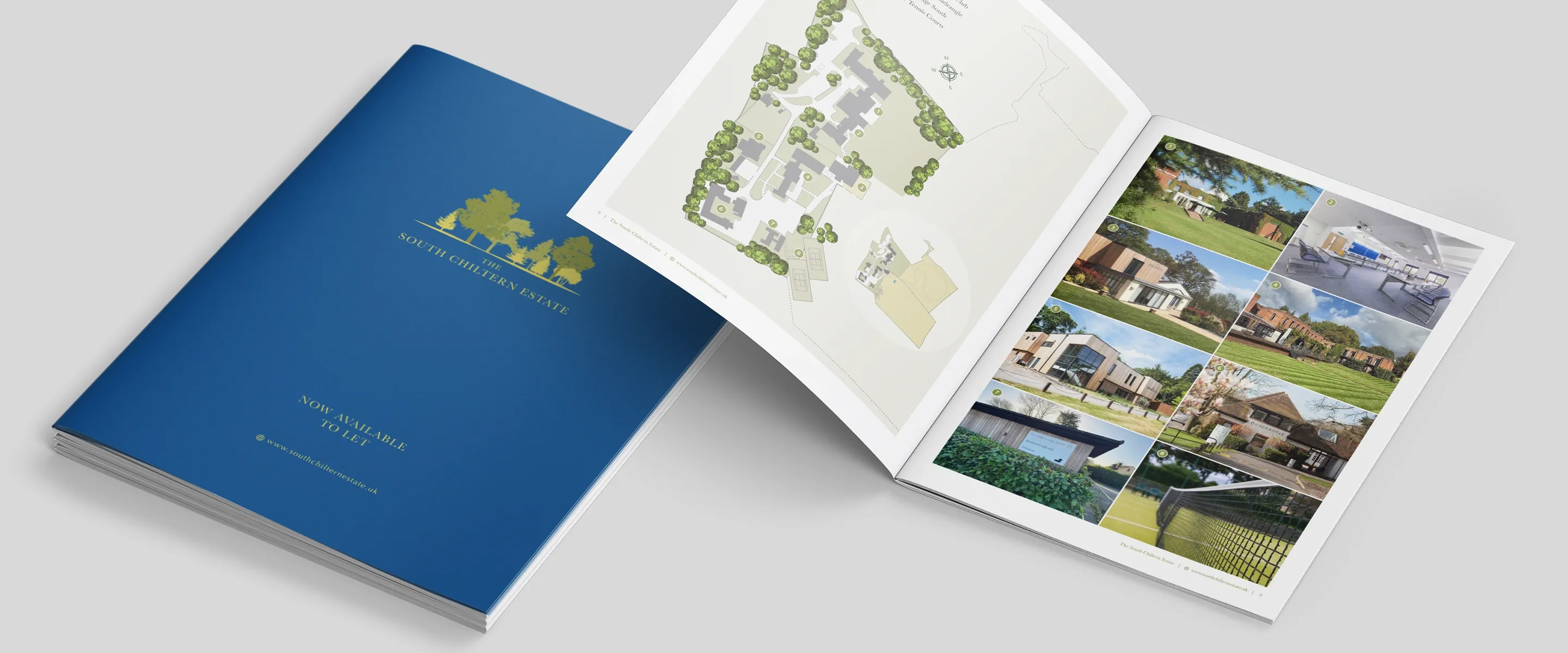 South Chiltern Estate brochure's blue cover beside a copy open at the site plan and a grid of building photos