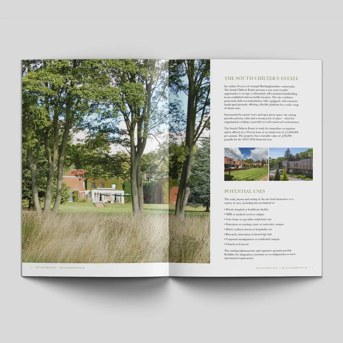 South Chiltern Estate brochure open at a parkland photo of the estate, with its introduction and potential uses
