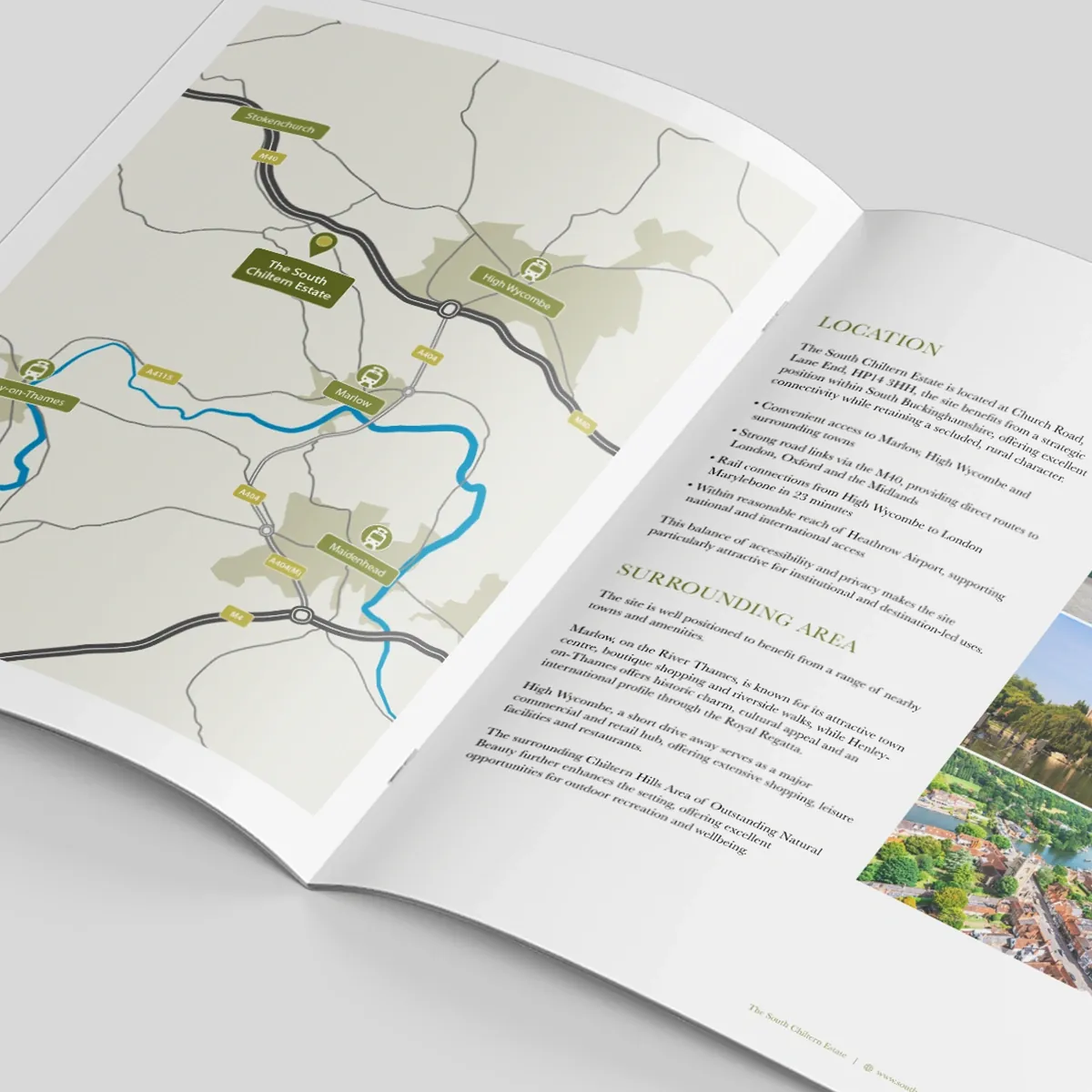 South Chiltern Estate brochure open at the location map and Surrounding Area spread