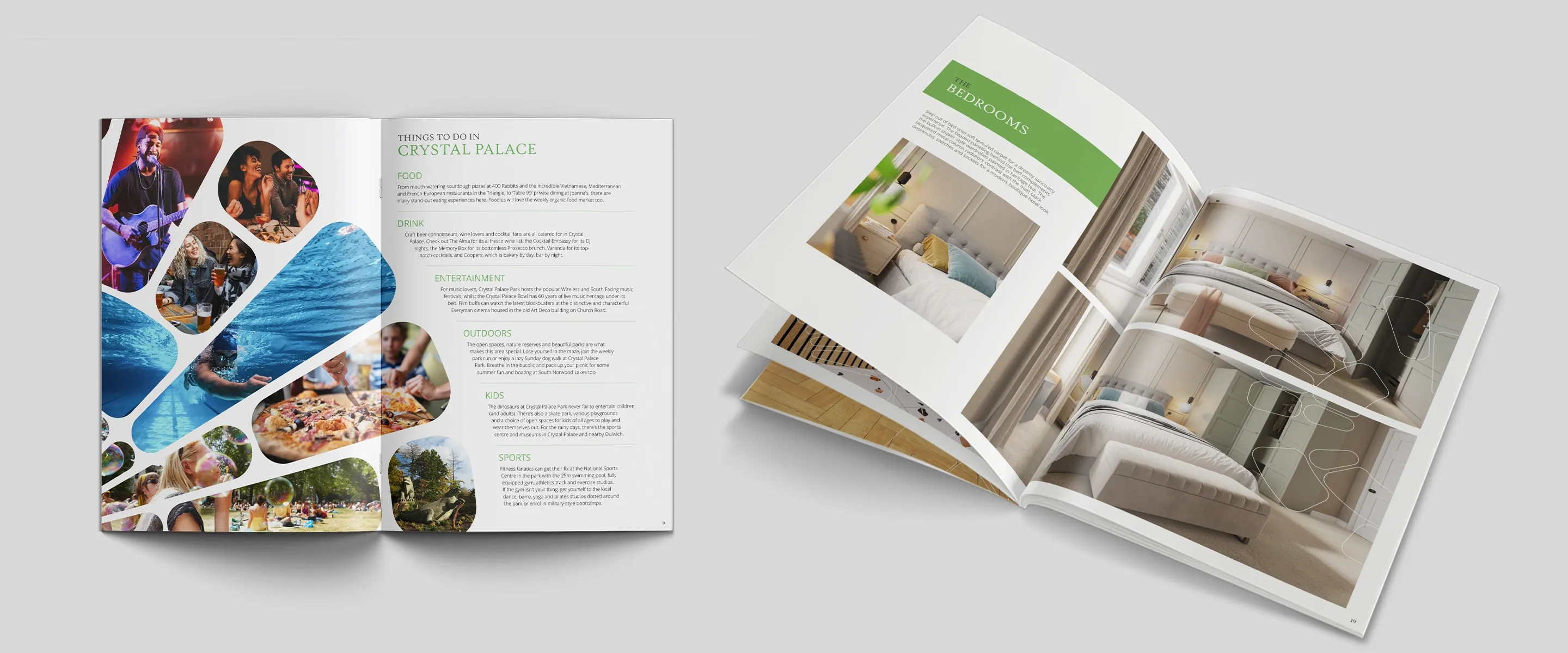 Two Sylvan Hill brochures open at the Crystal Palace area spread and The Bedrooms spread of interior CGIs