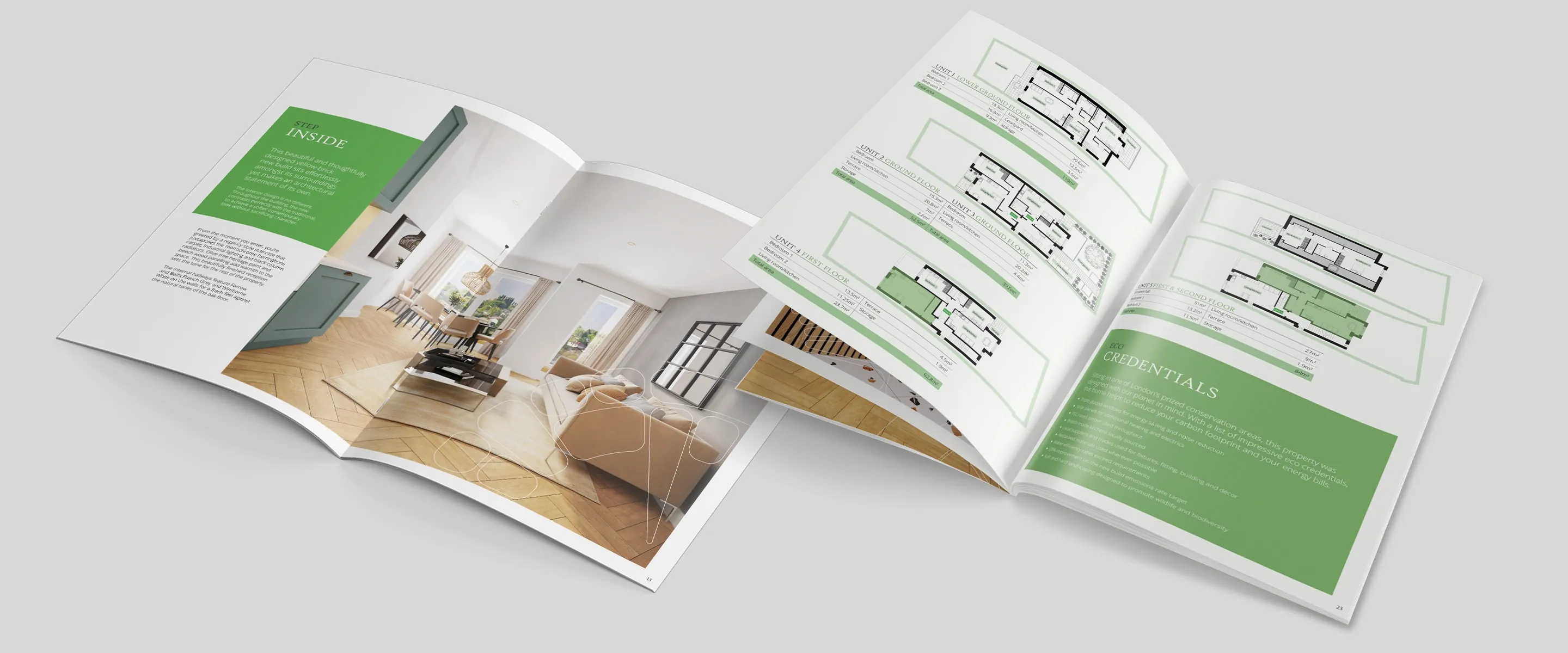 Two Sylvan Hill brochures open at an open-plan living CGI spread and the house floor plans with specification
