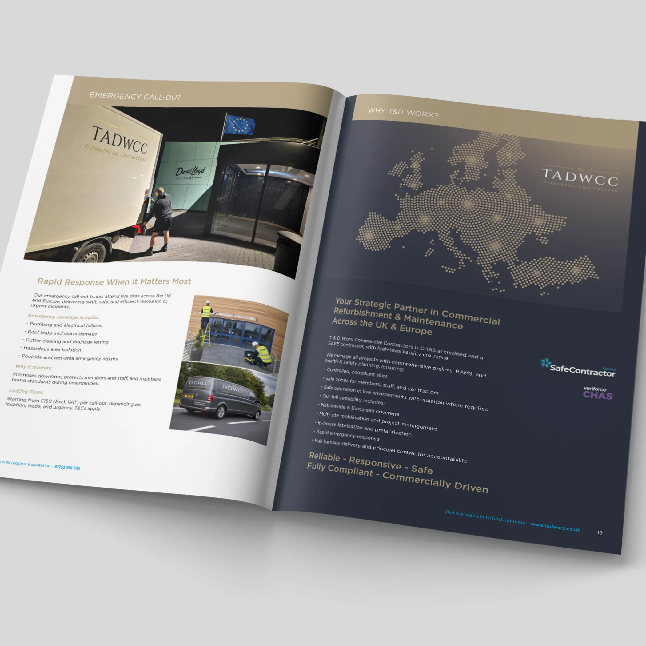 T&D Worx brochure open at the Emergency Call-Out page beside the navy Why T&D Worx? page with a gold map of Europe