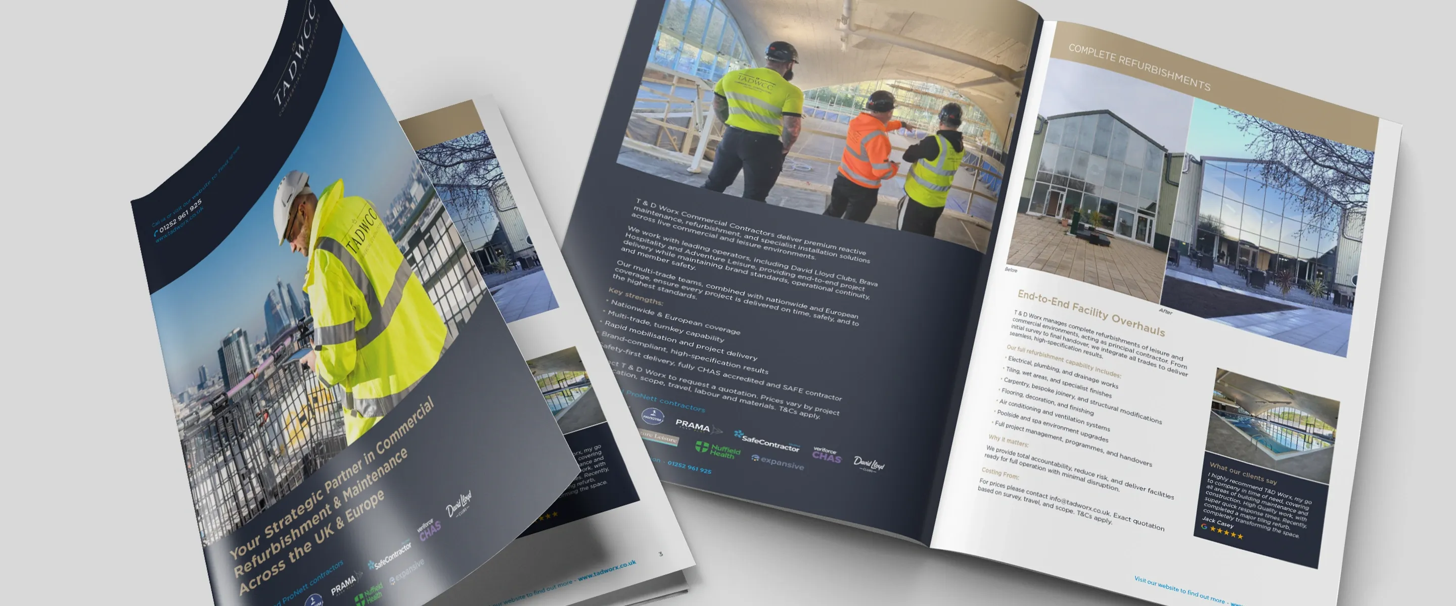 T&D Worx capability brochure with its navy cover showing a site manager in hi-vis above the London skyline, beside a copy open at the Who We Are and Complete Refurbishments spread