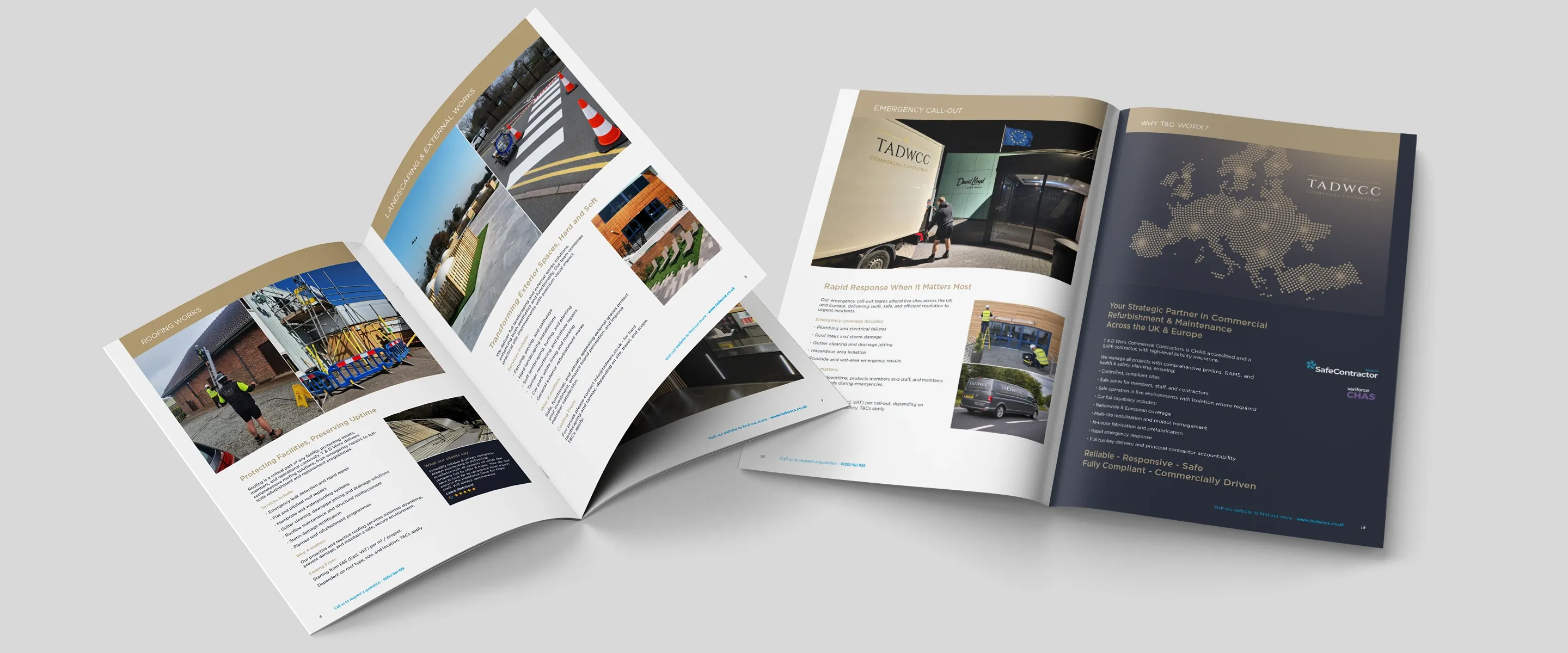 Two T&D Worx brochures open at the Roofing Works and Landscaping spread, and at the Emergency Call-Out page beside the navy Why T&D Worx? page with a gold map of Europe