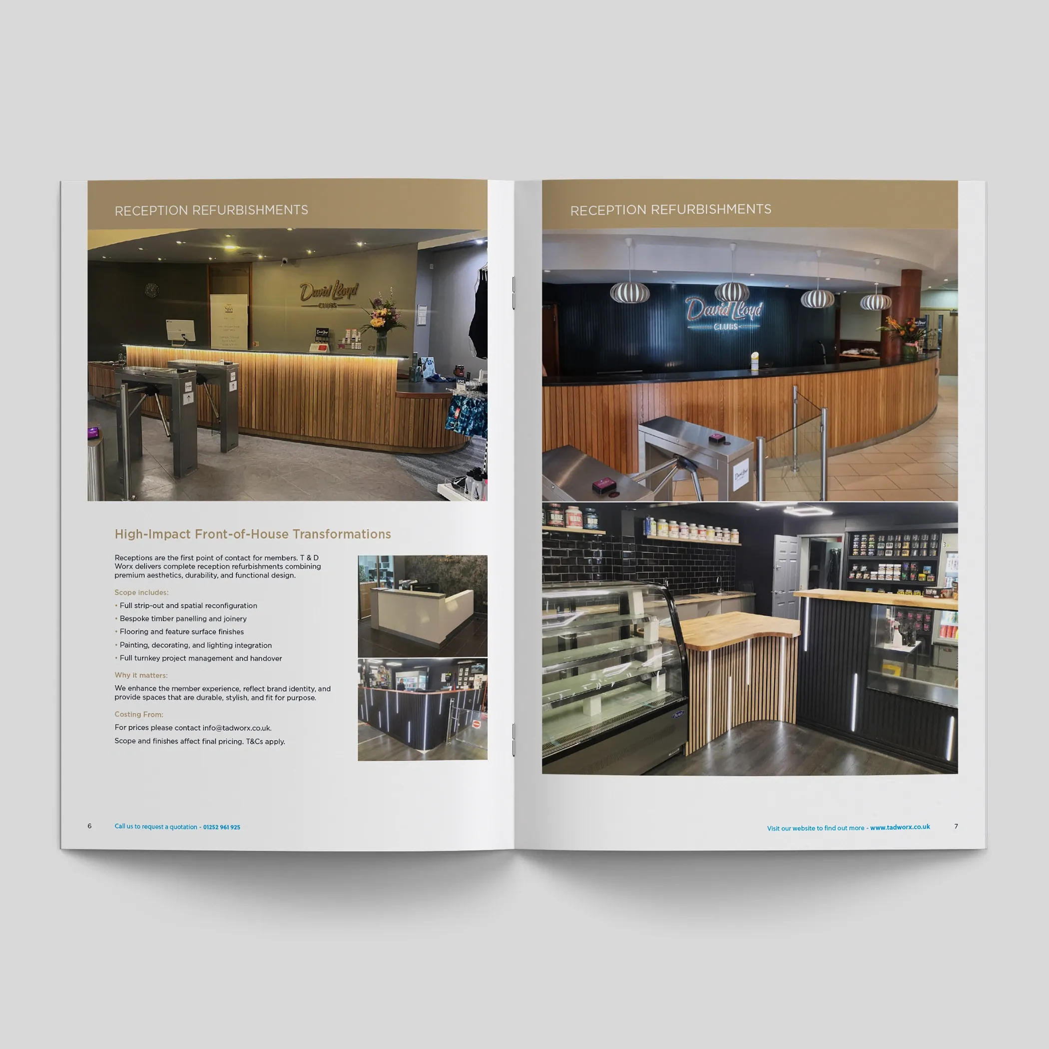 T&D Worx brochure open at the Reception Refurbishments spread