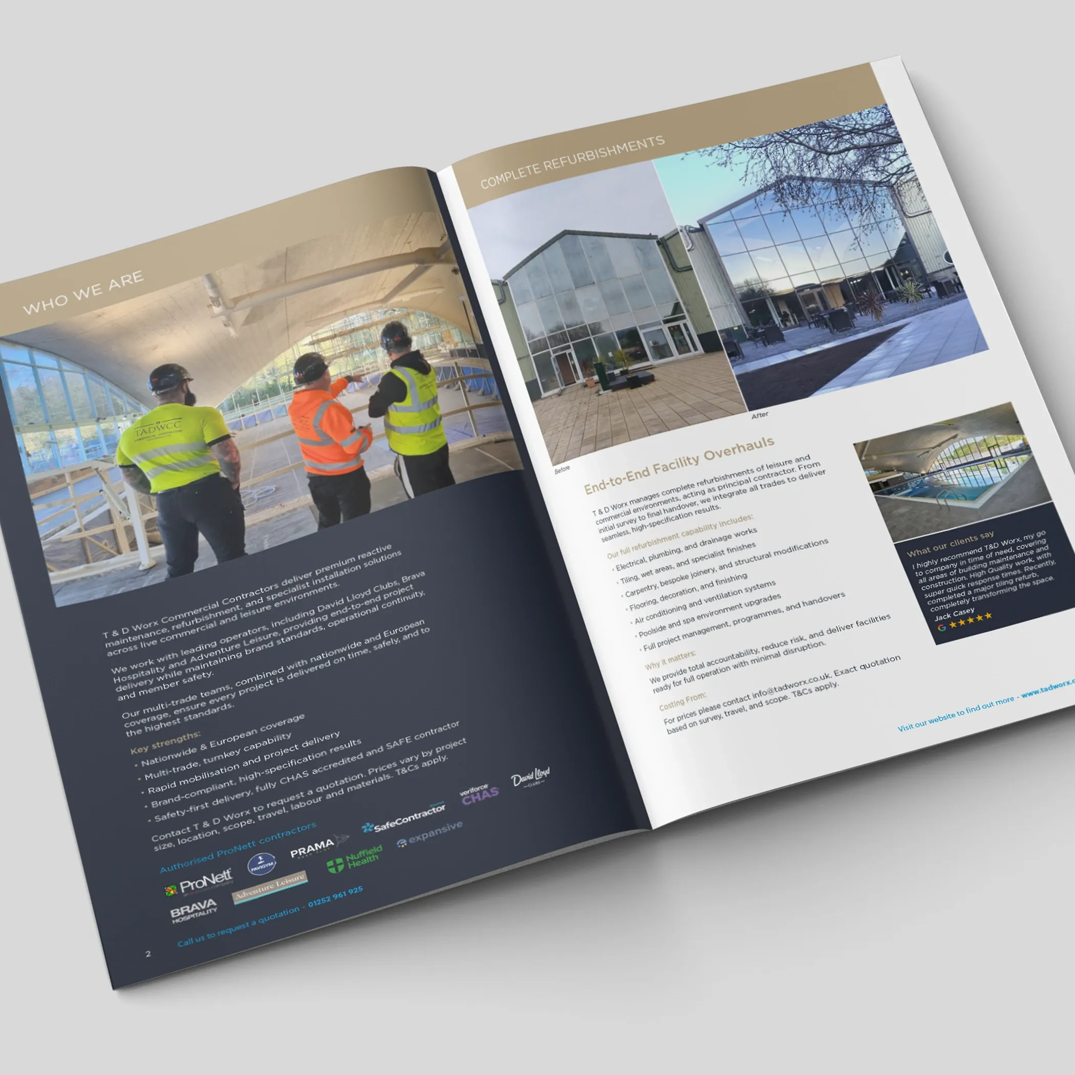 T&D Worx brochure open at the navy Who We Are page beside the Complete Refurbishments page with before and after photos