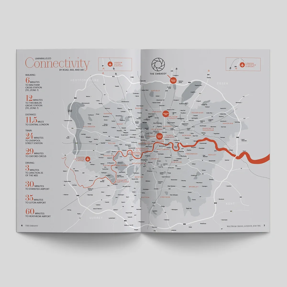 The Embassy brochure open at the Connectivity spread, with travel times and a map of London