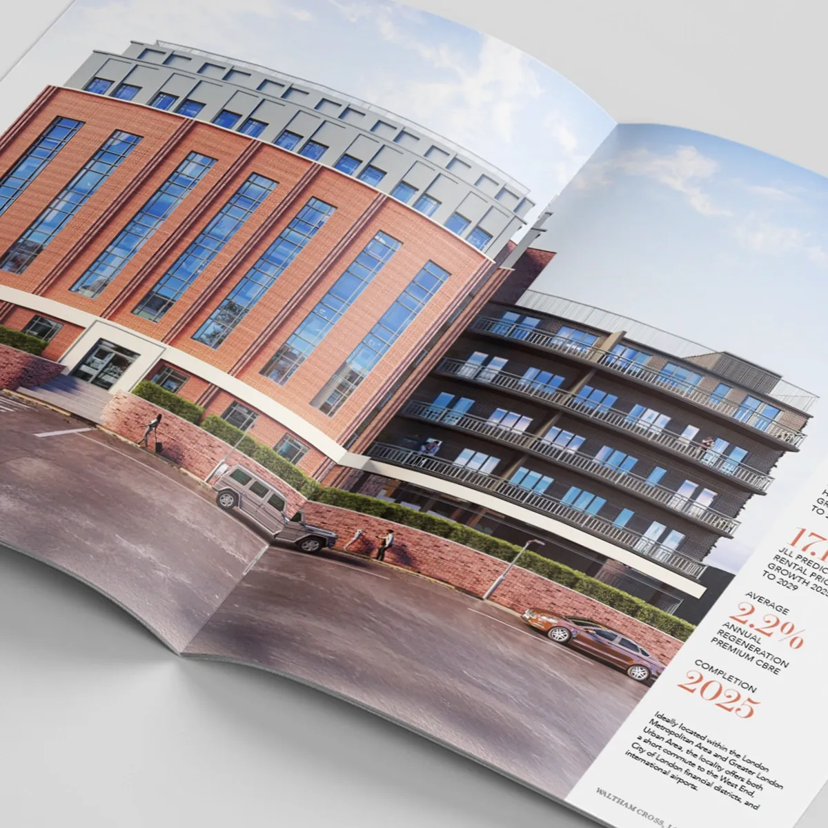 The Embassy brochure open at a full-spread CGI of the building with rental growth and completion figures