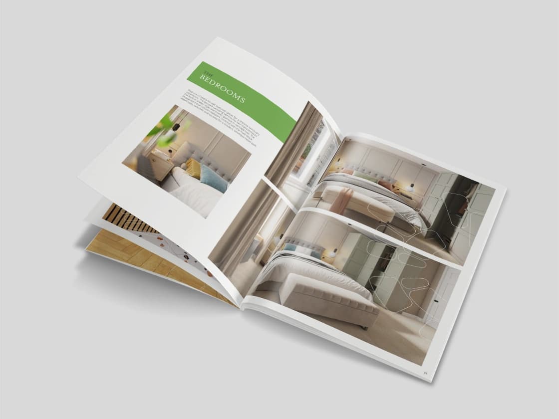 Sylvan Hill brochure, open on The Bedrooms spread with interior CGIs