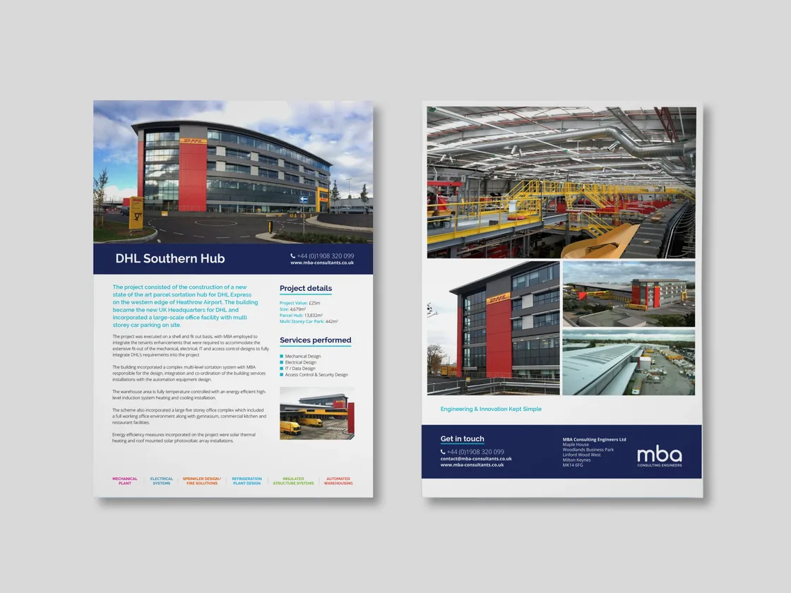 MBA Consulting Engineers case study sheet for the DHL Southern Hub: front and back