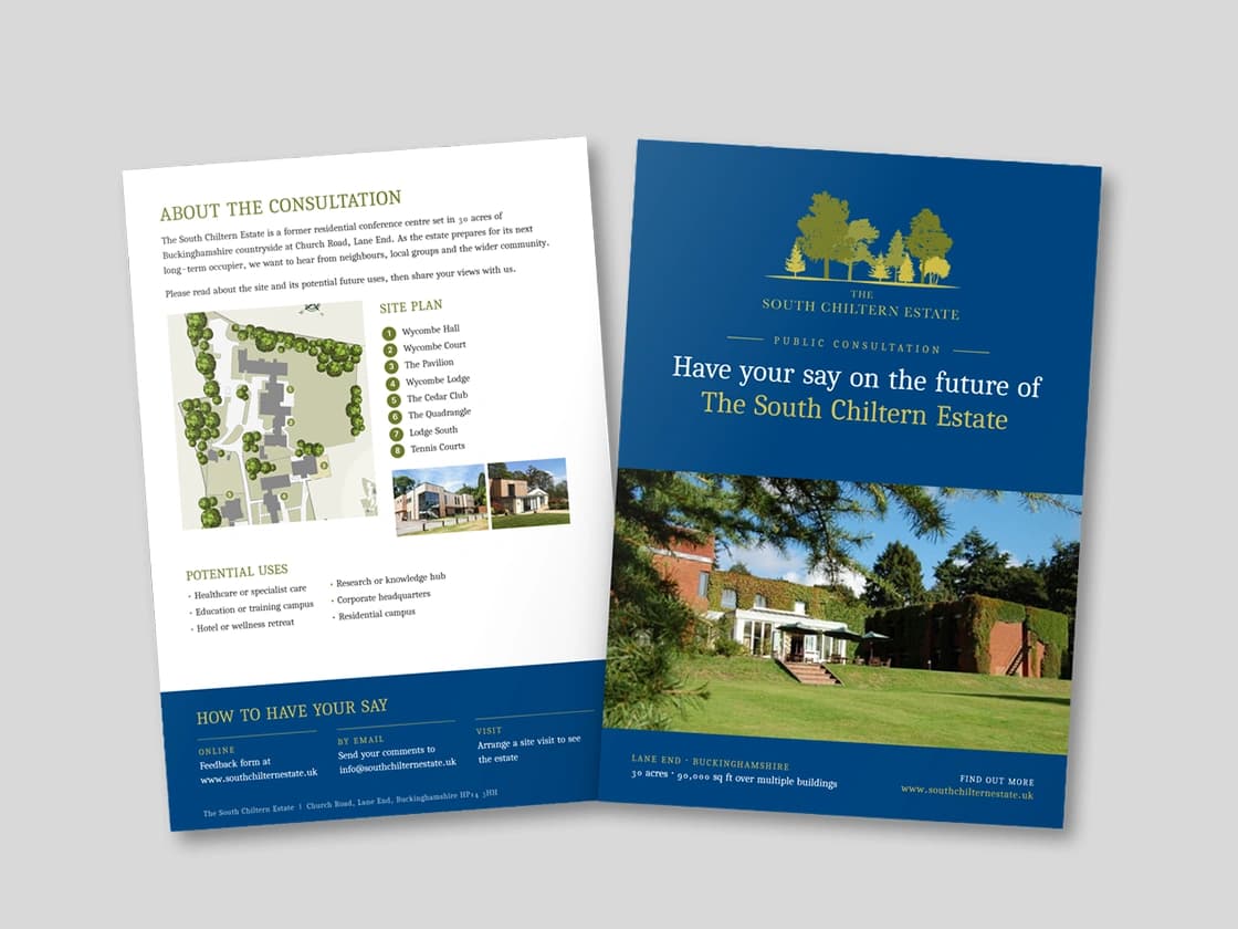 Two-sided A4 public consultation leaflet for The South Chiltern Estate: front cover and site plan reverse