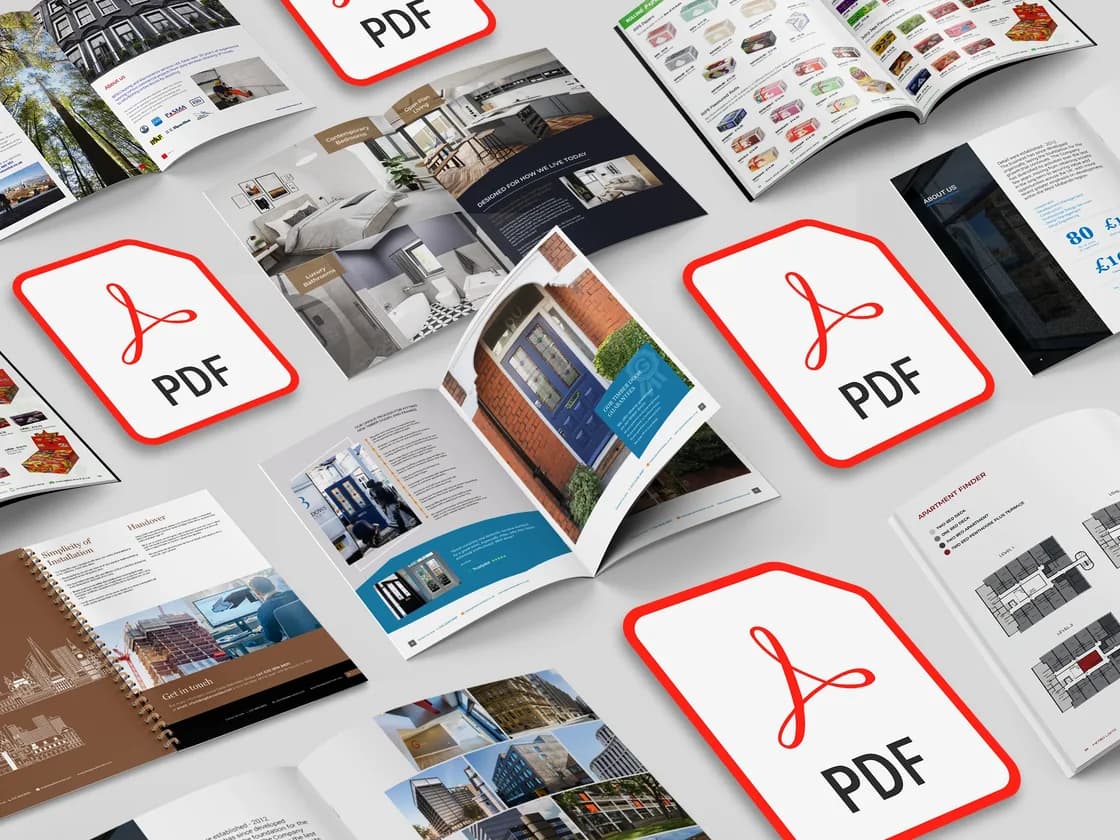 A collage of interactive PDF brochures and e-brochure spreads with PDF icons