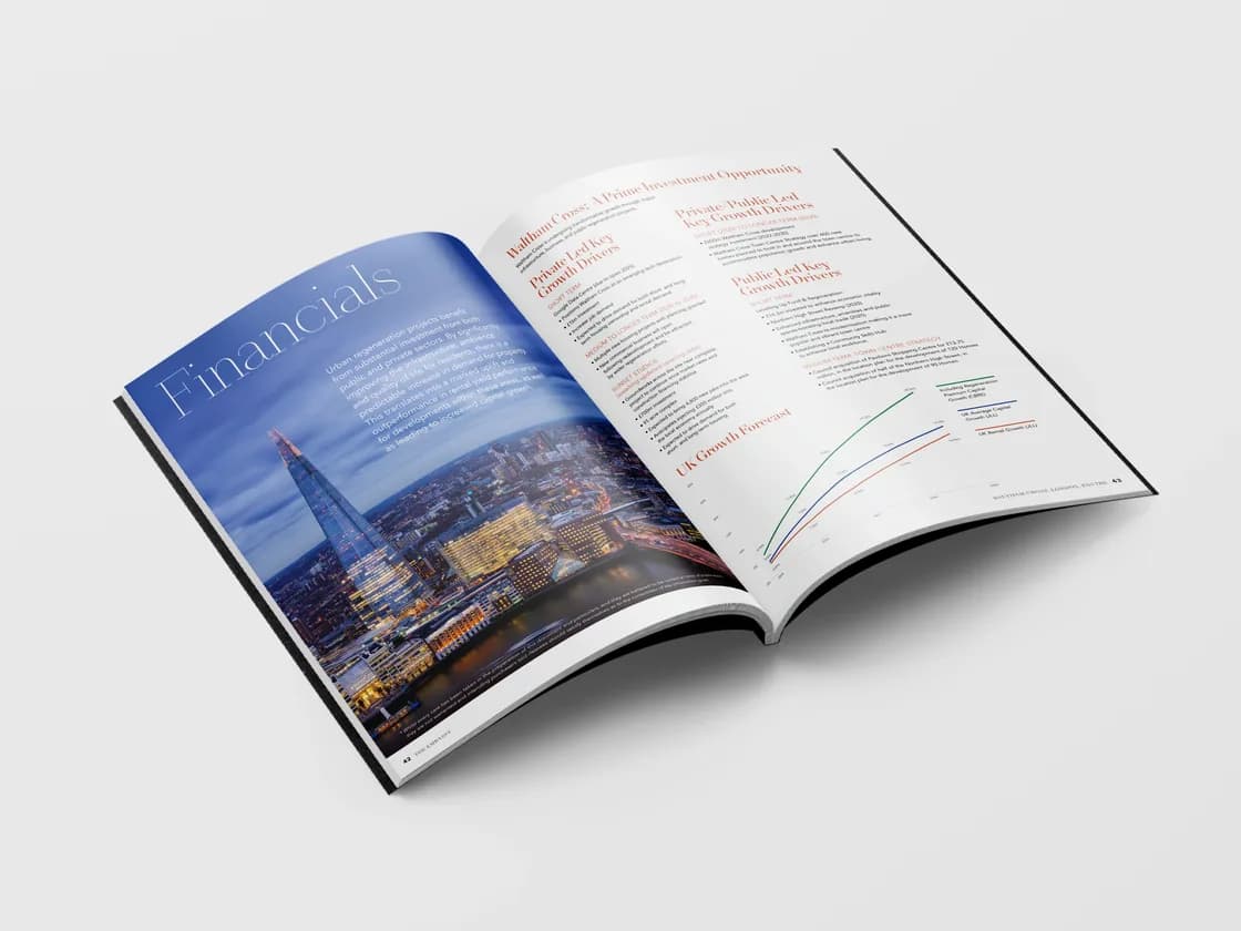 The Embassy investor brochure, open on the Financials spread with a London skyline photo and UK growth forecast chart
