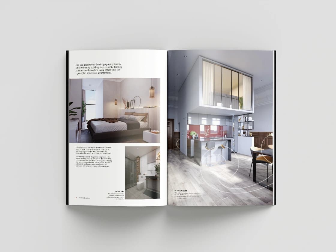 The Print Chambers sales brochure for Detail DMC, open on an apartment spread with interior CGIs