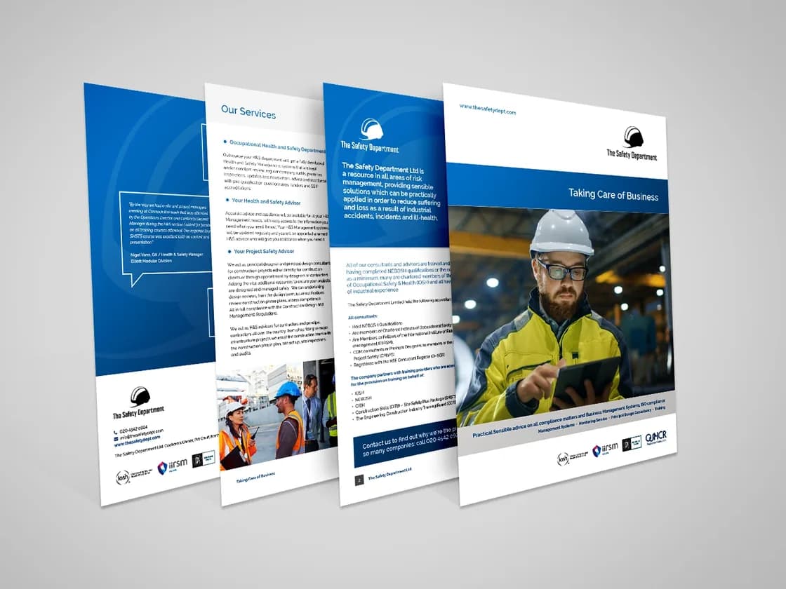 The Safety Department company brochure: four pages fanned out, including the cover and Our Services