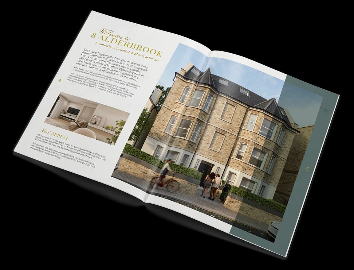 Alderbrook Road property sales brochure, open at the welcome spread with a CGI of the building