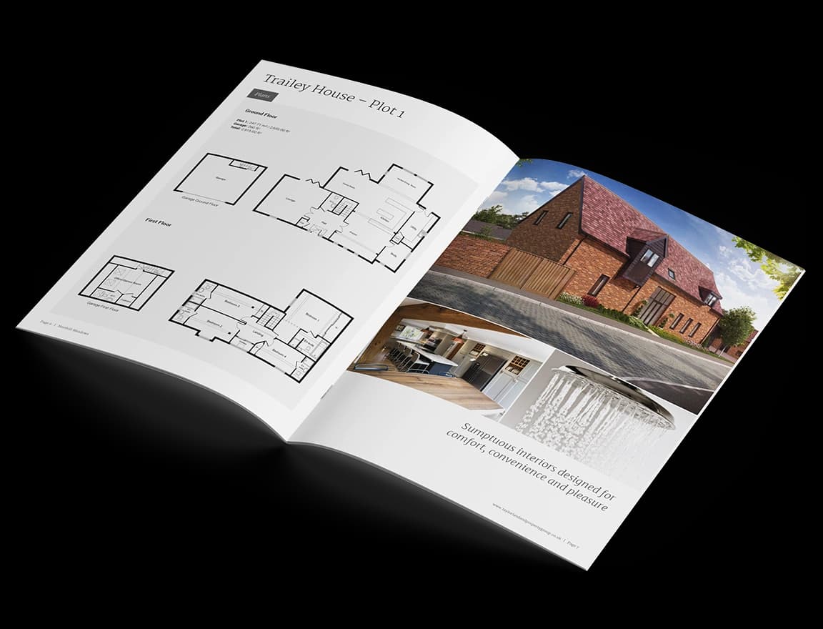 Northewell Meadows brochure for Taylor Land & Property Group, open at a plot spread with floor plans and a CGI